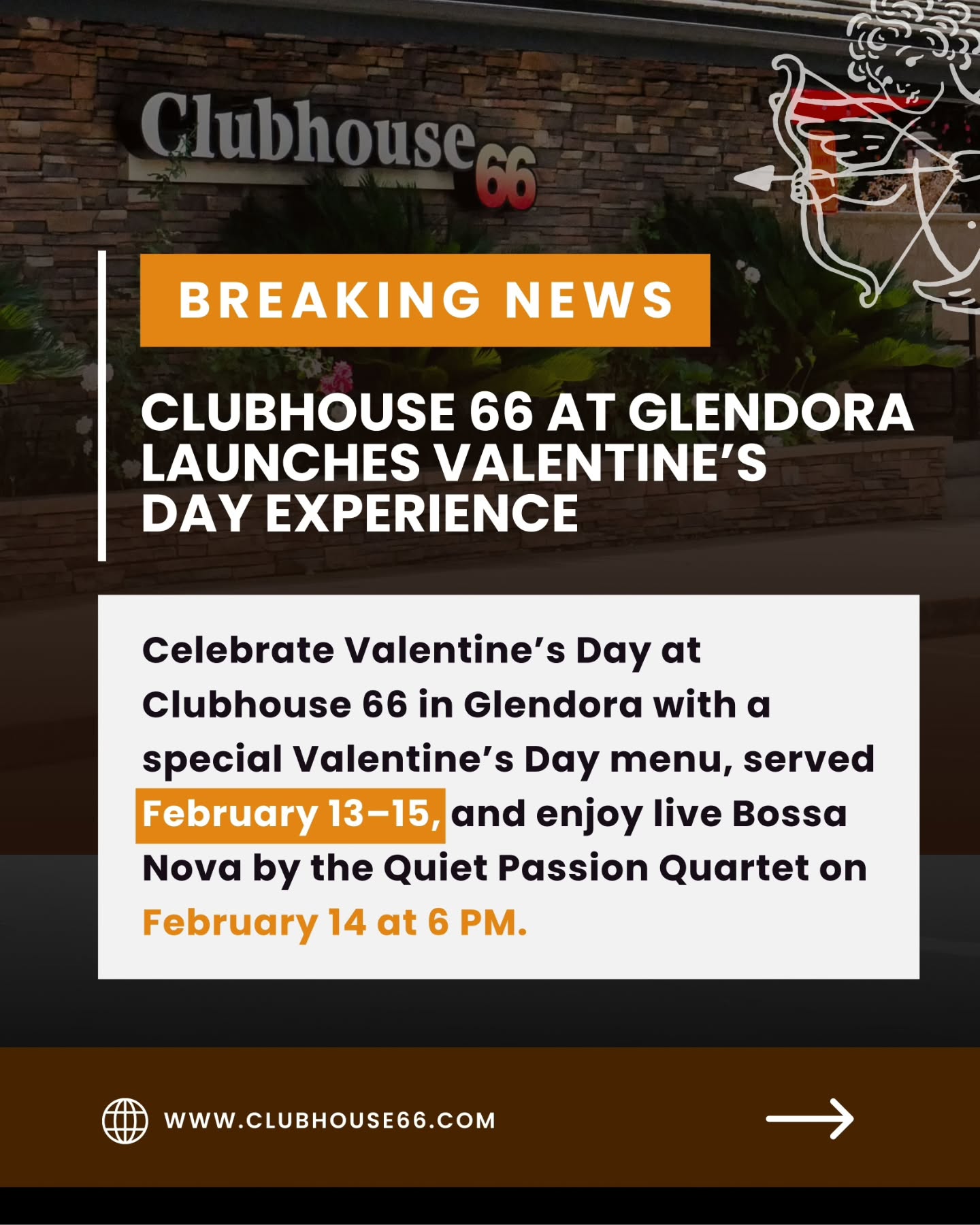 🔴 BREAKING NEWS 🔴
Love is in the air at Clubhouse66! 🥂✨
This Valentine’s, treat someone special—or yourself 😉—to an unforgettable experience in Glendora. From perfectly seared duck to our signature Raspberry Cheesecake, every bite is made for sharing… or savoring all on your own. 😘
🗓 Special Valentine’s Day menu served February 13–15
🎶 Live Bossa Nova by the Quiet Passion Quartet on February 14 at 6:00 PM — because love deserves a soundtrack.
📍 Clubhouse66, Glendora
Swipe left to see the full menu! 👈
#Clubhouse66 #GlendoraEats #ValentinesDay2026 #DateNight #LiveMusic BossaNova GlendoraCA