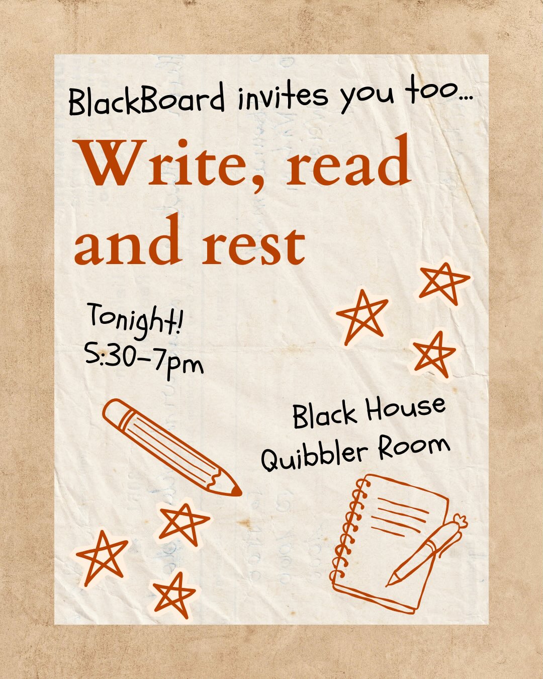 We alllllll know how hectic the quarter can get. Join BlackBoard for a chill, low stakes study sesh in the Black House! Bring your homework, playlists or just yourself. Now’s the perfect time to lean on each other to finish out the quarter! 📝🎶
