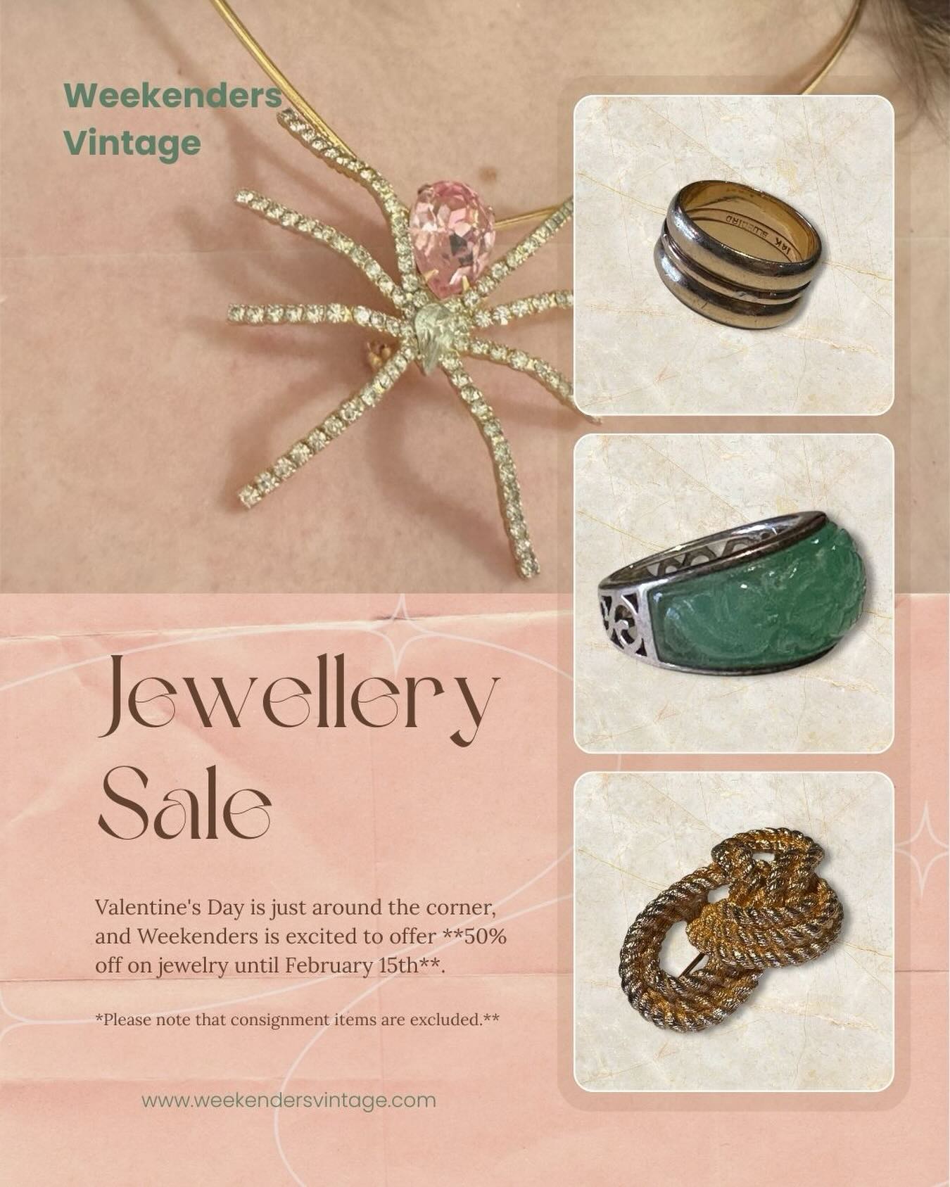 ✨ Sparkle Alert! ✨
Weekenders Vintage is having a 50% OFF jewellery sale — from now until February 15! 💍💫
Whether you’re treating someone special or saying heck yes to a little self-love, now’s the perfect time to add some vintage glitter to your life.
💛Some exceptions apply to consignment pieces.💛
Come have a browse, fall in love, and leave with a bit of sparkle ✨
#WeekendersVintage #VintageJewellery #ShopSmall #TreatYourself VintageFinds