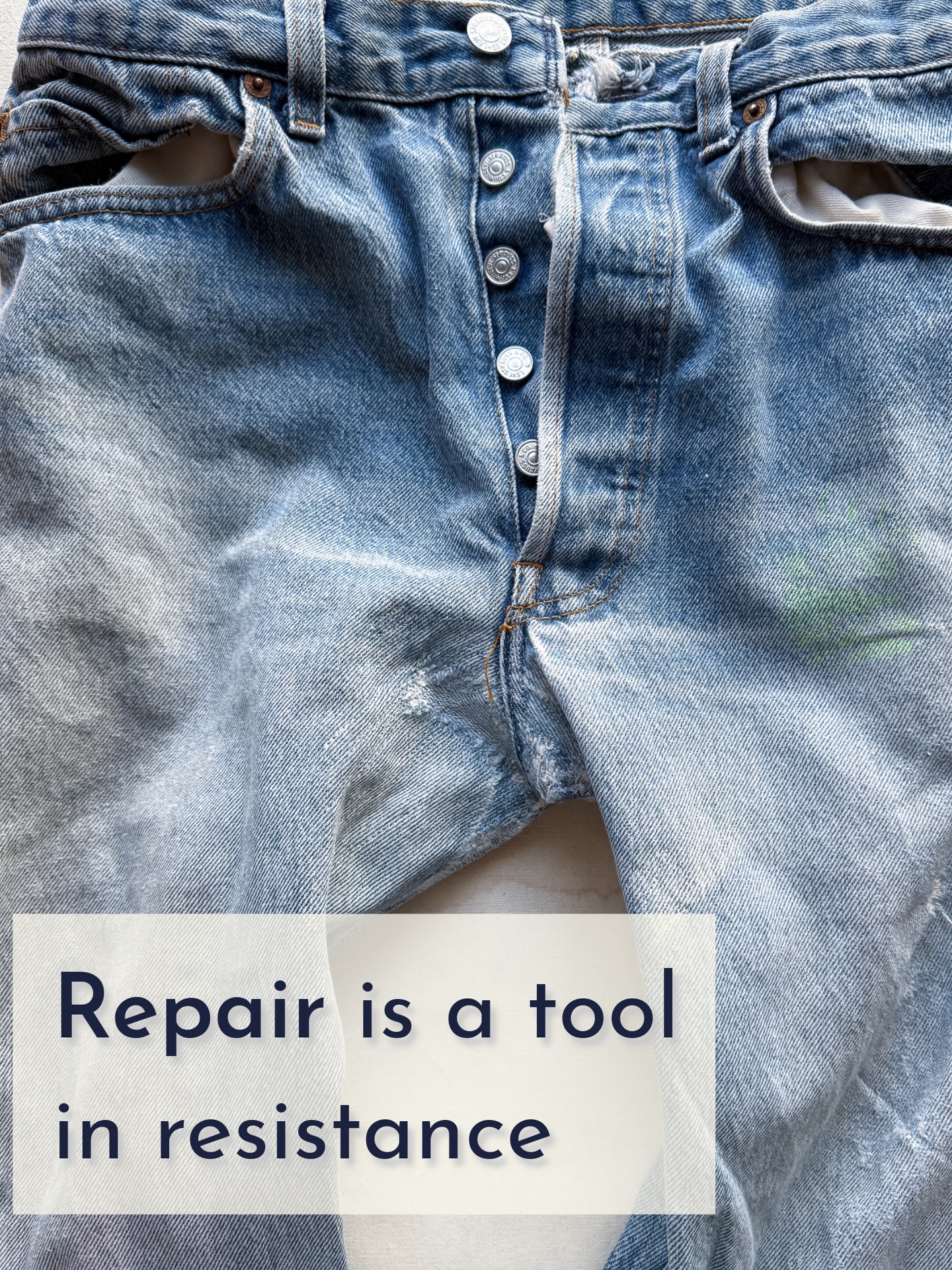 Repair is political. It’s a tool in the resistance.
When you learn to repair what you already have, you take back some control over your money and where it goes. You’re not feeding billionaires who profit from overproduction, and you’re not contributing to a system that treats clothing as disposable. It’s a lot easier to stop shopping at Target if you can make what you have last longer.
There is also the bigger picture of textile waste: most people don’t realize that the majority of clothing donated or thrown out in the U.S. doesn’t stay here. It’s shipped to the global south, overwhelming local economies and becoming a massive human rights and environmental issue. @theorispresent is an amazing resource if you want to learn more about this.
And now that I’ve made this sound heavy and scary… repair is also one of the most joyful things I do, and is an amazing skill-building opportunity even for newbies. You are starting with an item that is damaged, so whatever you do, it can only get better. So the pressure is really low. And with the popularity of visible mending, you don’t need to worry about matching fabric or threads. Perfection is never the expectation.
So, check out repair resources in your area (if you know of good ones put them in the comments because I’d love to get a resource going). And if you’re in San Francisco, keep an eye out for the free repair clinics I mend at, hosted by @sfenvironment and @scrapsf, at library branches around the city.
You might be thinking “free repair clinics at a public library??” Basically an act of rebellion these days ☺️.