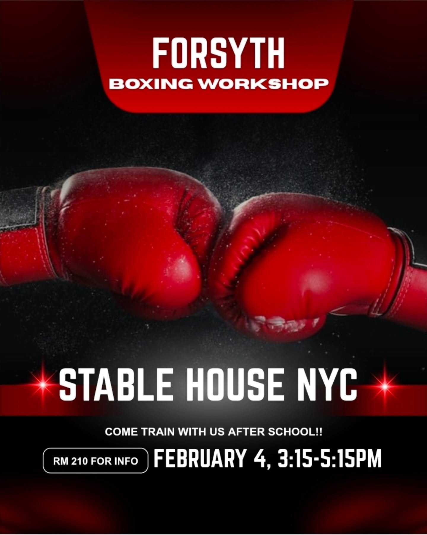 Hey Forsyth! Stable House NYC will be back this Wednesday for a Boxing Workshop after school from 3:15pm to 5:15pm. No equipment needed just bring yourself and a positive attitude. Come out and train!
For more info, go to room 210. #stablehousenyc #forsyth #boxing #schoolisfun #nyc