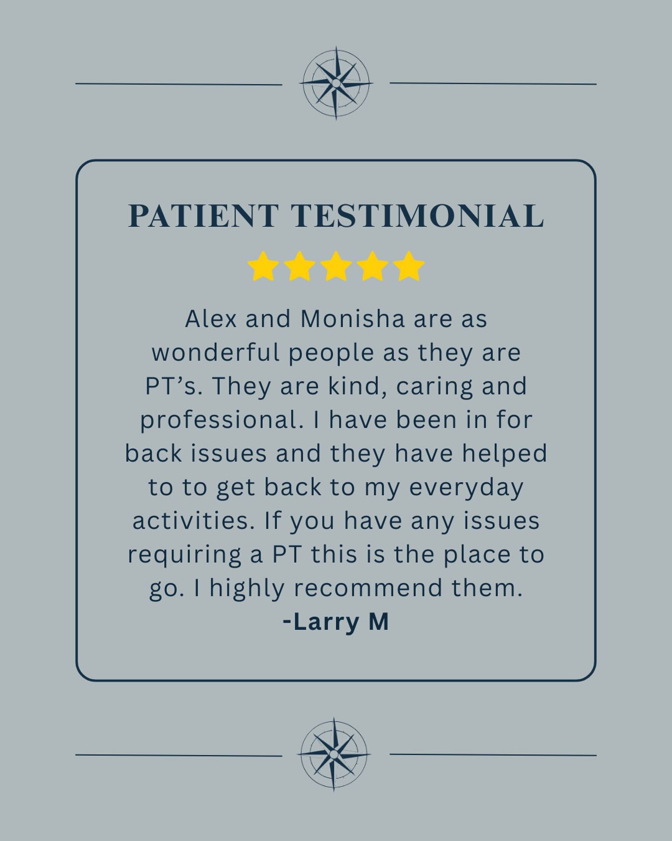 ⭐️Testimonial Tuesday ⭐️
Back pain doesn’t have to stop you.
With personalized care and a supportive team, this patient is back to daily activities thanks to Alex and Monisha💪🏻
Thank you for the kind review!
#compasspt #physicaltherapy #testimonialtuesday