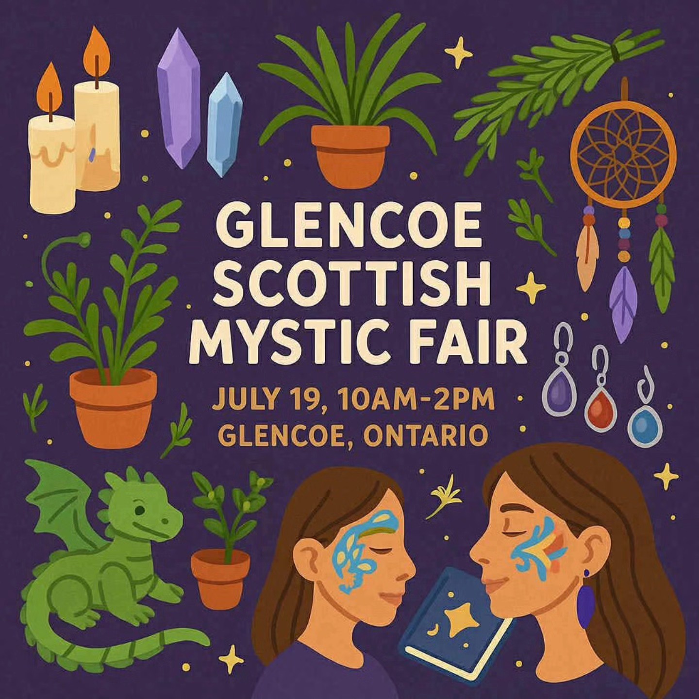 Today is the day! 10-2 Downtown Glencoe.
Tartan Days is HERE!
So is Glencoe first Scottish Mystical Fair
You won’t want to miss this event!
10 Readers and Healers
45 vendors
Face painting
Henna Tattoos
Belly dancing
Fairy picture day
Celebrating our own Glencoe Author
Paint your dragon
Journaling with paints
Free meditation with Julie
Come on out and bring a friend or 6!
