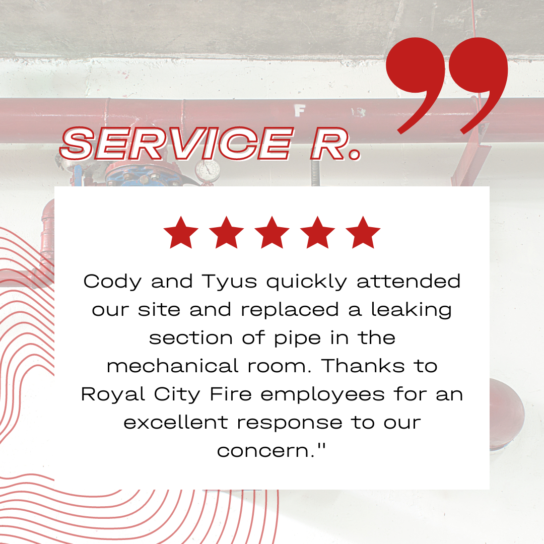 🌟🛠️ We're thrilled to receive this wonderful review! 'Cody and Tyus quickly attended our site and replaced a leaking section of pipe in the mechanical room. Thanks to Royal City Fire employees for an excellent response to our concern.' Your satisfaction is our top priority. Thanks for trusting us with your needs! 🚒👏 #CustomerReview #RoyalCityFire #ExcellentService #ClientFeedback