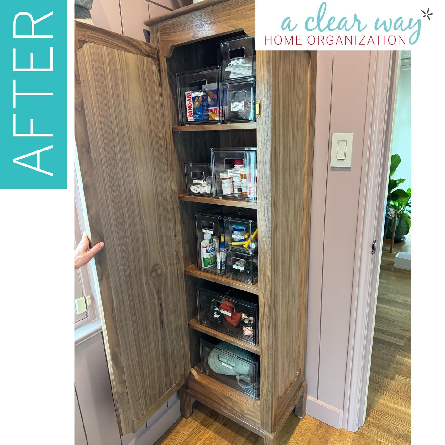 Every once in a while, you find the PERFECT storage solution for a tricky space — and it’s ridiculously satisfying.
My client had a custom cabinet built to store medicines safely away from small children. But shelves alone were not gonna cut it.
So I mapped out the space and found these perfectly sized, clear, modular pull-out drawers. Each one is labeled - items are easy to grab, easy to put back, and you can see everything at a glance.
Form and function. And so awesome I can barely stand it!