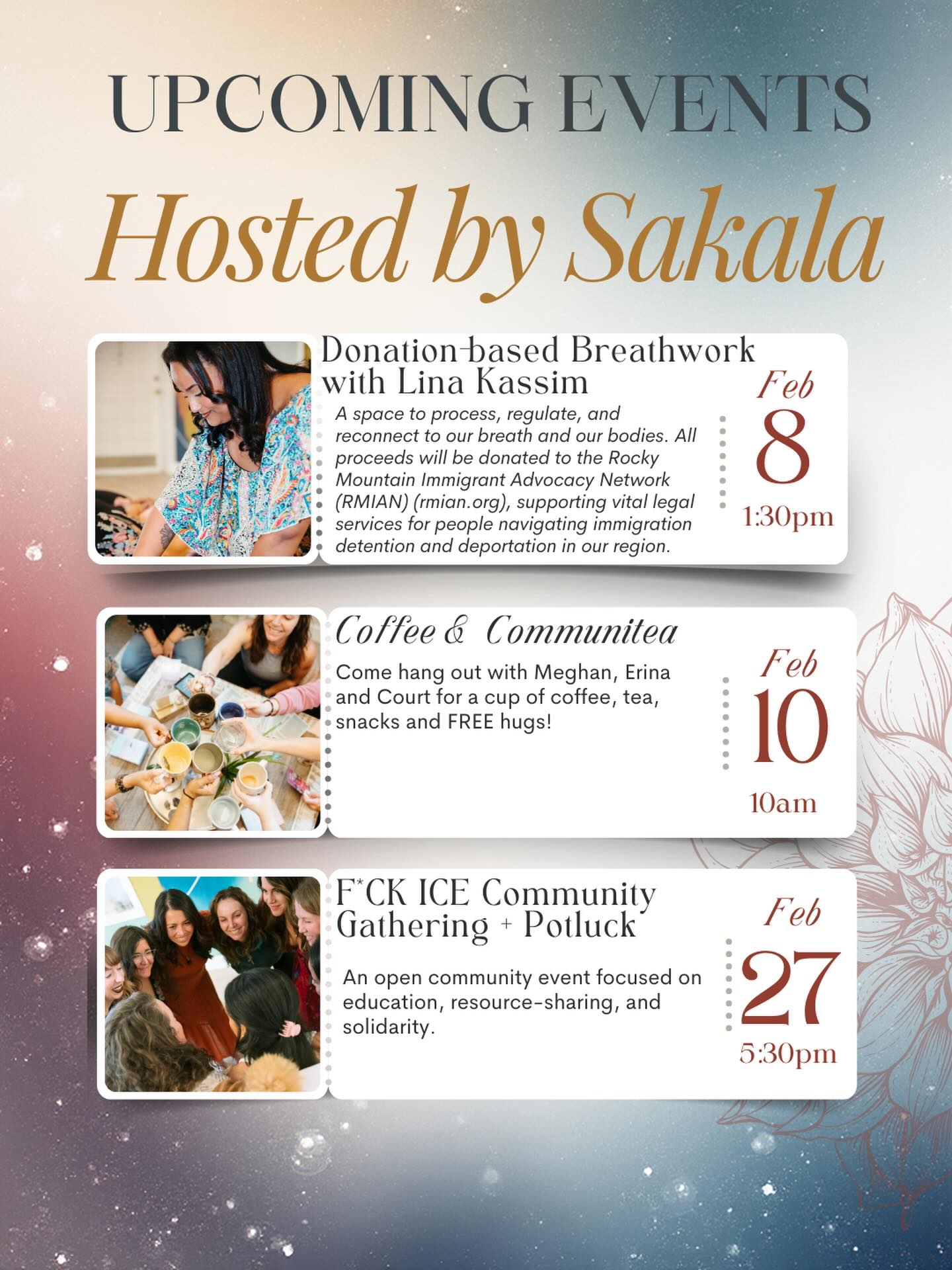 In times like these, community is not a luxury- it is essential.
We gather to support.
We gather to share resources.
We gather to remind one another that no one has to navigate this world alone.
Sakala exists for moments exactly like this.
A space where care is practiced.
Where solidarity is lived.
Where community becomes action.
If you’ve been craving connection, grounding, or a way to show up for something bigger than yourself- this is your invitation.
Join us for what’s ahead:
Feb 8 at 1:30pm - Donation-Based Breathwork with @enlightened.and.unhinged
Step into a nurturing space to process, regulate, and reconnect with your breath and body. All proceeds will be donated to the Rocky Mountain Immigrant Advocacy Network (RMIAN), supporting vital legal services for individuals navigating immigration detention and deportation in our region.
Feb 10 at 10am- Coffee & Communitea
Gather with Meghan, Erina, and Court for a relaxed morning of coffee, tea, snacks, heartfelt conversation, and genuine connection. Sometimes simply being together is the medicine - FREE hugs included.
Feb 27 at 5:30pm- F*ck ICE Community Gathering + Potluck
An open community event centered on education, resource-sharing, and collective care. Bring a dish if you feel called, bring a friend, and join a community committed to standing in solidarity and supporting one another.
We are here.
And there is a place for you within this community.
All events are free or donation based.
Click the events link in bio - we can’t wait to be with you in community this month ❤️
#denverevents #denvercommunity #sakaladenver #eventsindenver #communityevents