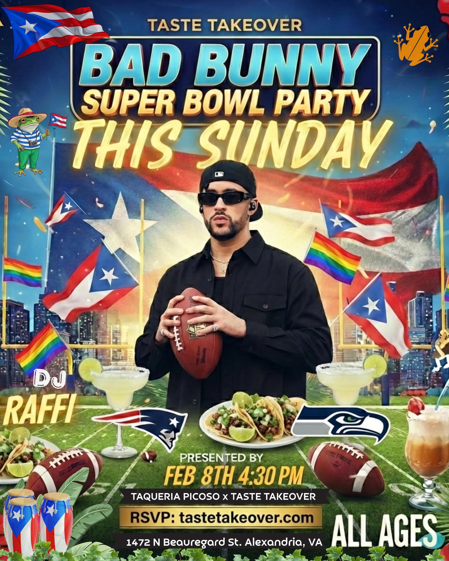 THIS SUNDAY!!!! 🔥🔥🔥
Bad Bunny Super Bowl Party is going CRAZY!!! 🏈🎶Where all the Latinas will be at!!!
We are almost at capacity 👀 RSVP before it’s too late!!!
ALL AGES!
4:30 PM-2am
Taqueria Picoso
1472 N Beauregard St, Alexandria, VA
RSVP NOW 👉 tastetakeover.com
LET’S GOOOOOO 💃🏽🌈🍹🏈