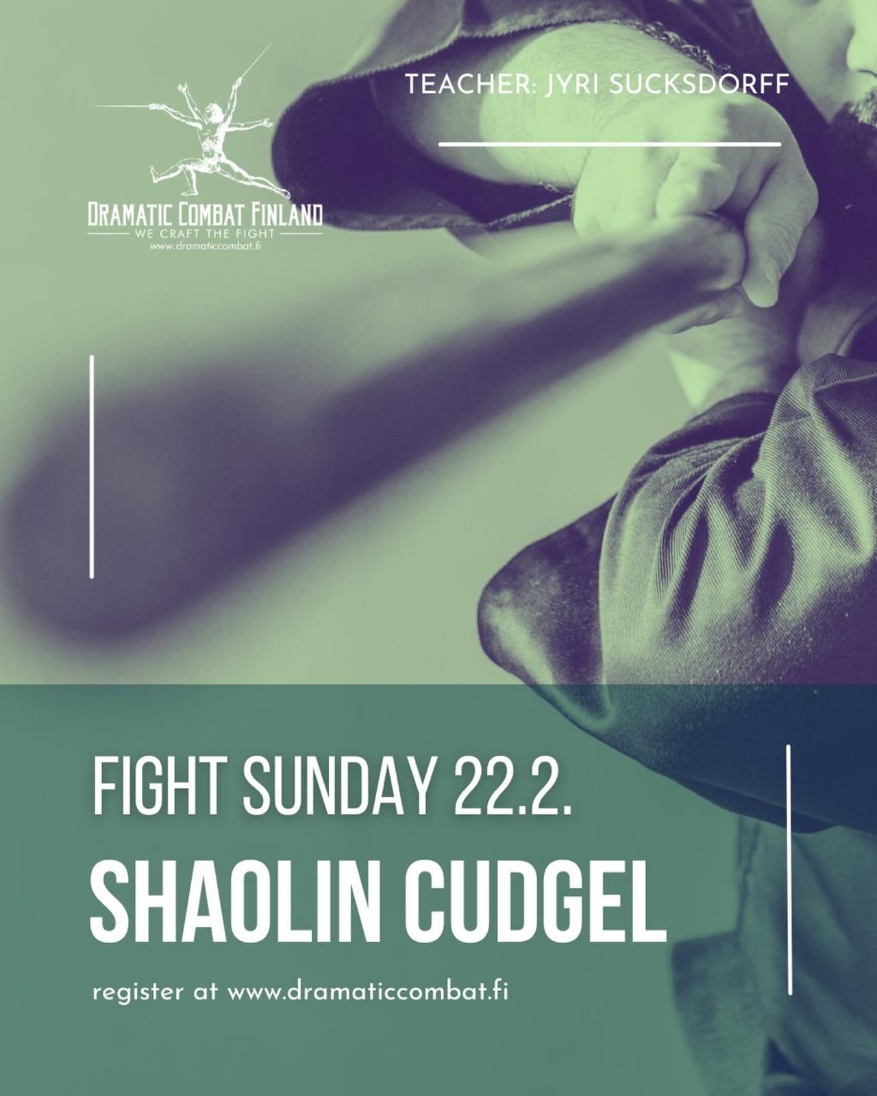 Our next theme for Fight Sunday is Shaolin Cudgel!
During this workshop we will explore traditional shaolin techniques, weapon handling and a form called Zhèn shān gùn (震山棍) translated as the Mountain shaking cudgel. It is a traditional form from Shaolin Temple taught to Jyri by Shi Decheng, 31.st generation Shaolin Monk. After working with the traditional way we will be playing around and implementing this style into the context of stage combat.
The level of Fight Sundays is open and you are welcomed to join without previous expeience.
Teacher of this workshop is Jyri Sucksdorff, who has been practicing chinese martial arts for 25 years under several Masters. He is currently training Shaolin under Shi Decheng and Taiji under Lü Baochun. He also teaches weekly with Suomen Wushu Kungfu Seura.
Come to test your martial arts skills with us! Register to the event on our website.
#dramaticcombatfinland #dramaticcombat #shaolin #shaolincudgel #suomenwushukungfuseura @nordicstagefight