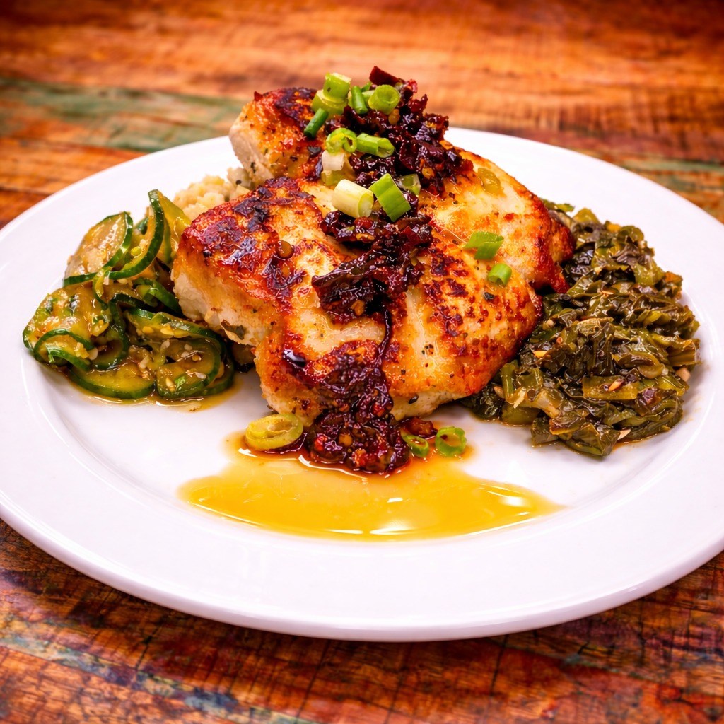 Available all month for @visitlakecounty Lake County Flavor Festival... The Burning Love Chicken!
Seared Chicken Breast, Bok Choy, Turnip Greens, Barley, Chili Crisp
Sauce and Chilled Cucumber Salad.