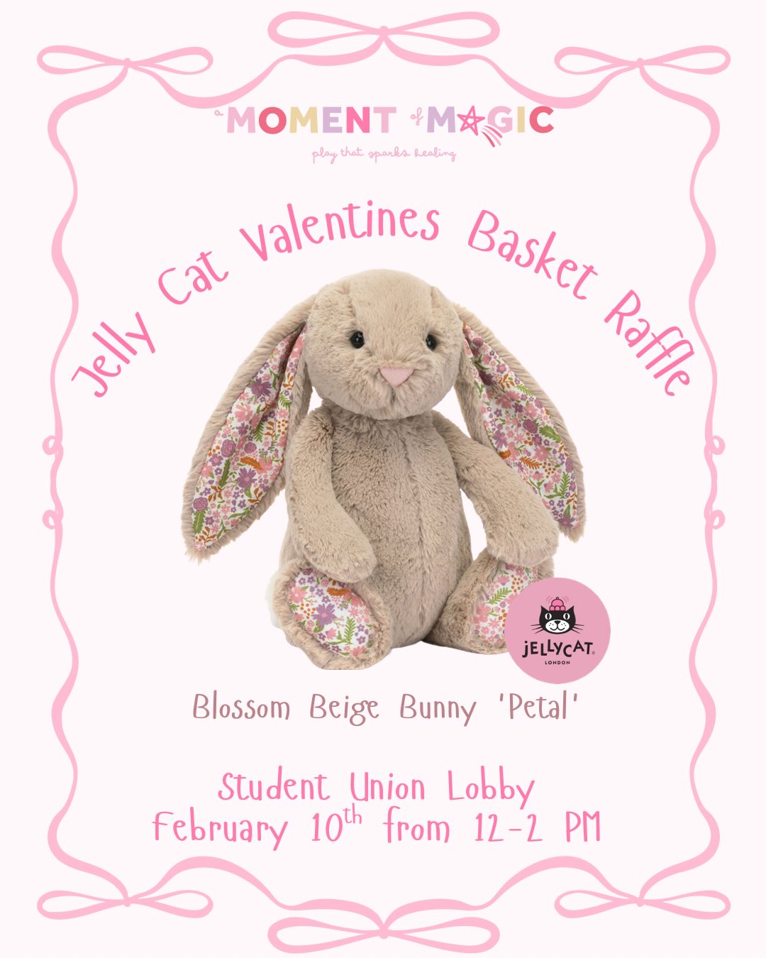 💕🐰 Jellycat Valentines Basket Raffle! 🐰💕
Feeling lucky? Stop by the Student Union Lobby on February 10th from 12–2 PM to enter our Valentine’s raffle!
✨Pay $5 to draw a lollipop
✨One lucky lollipop has a purple stick
✨If you pick it you win the Blossom Beige Bunny ‘Petal’ Jellycat and a themed basket
✨ Everyone still leaves with a treat!
All proceeds help A Moment of Magic continue bringing joy, play, and healing to medically vulnerable children and their families 💖
Come take your chance and spread a little magic with us!
#AMomentOfMagic #SpreadMagic #UNCCharlotte #valentinday