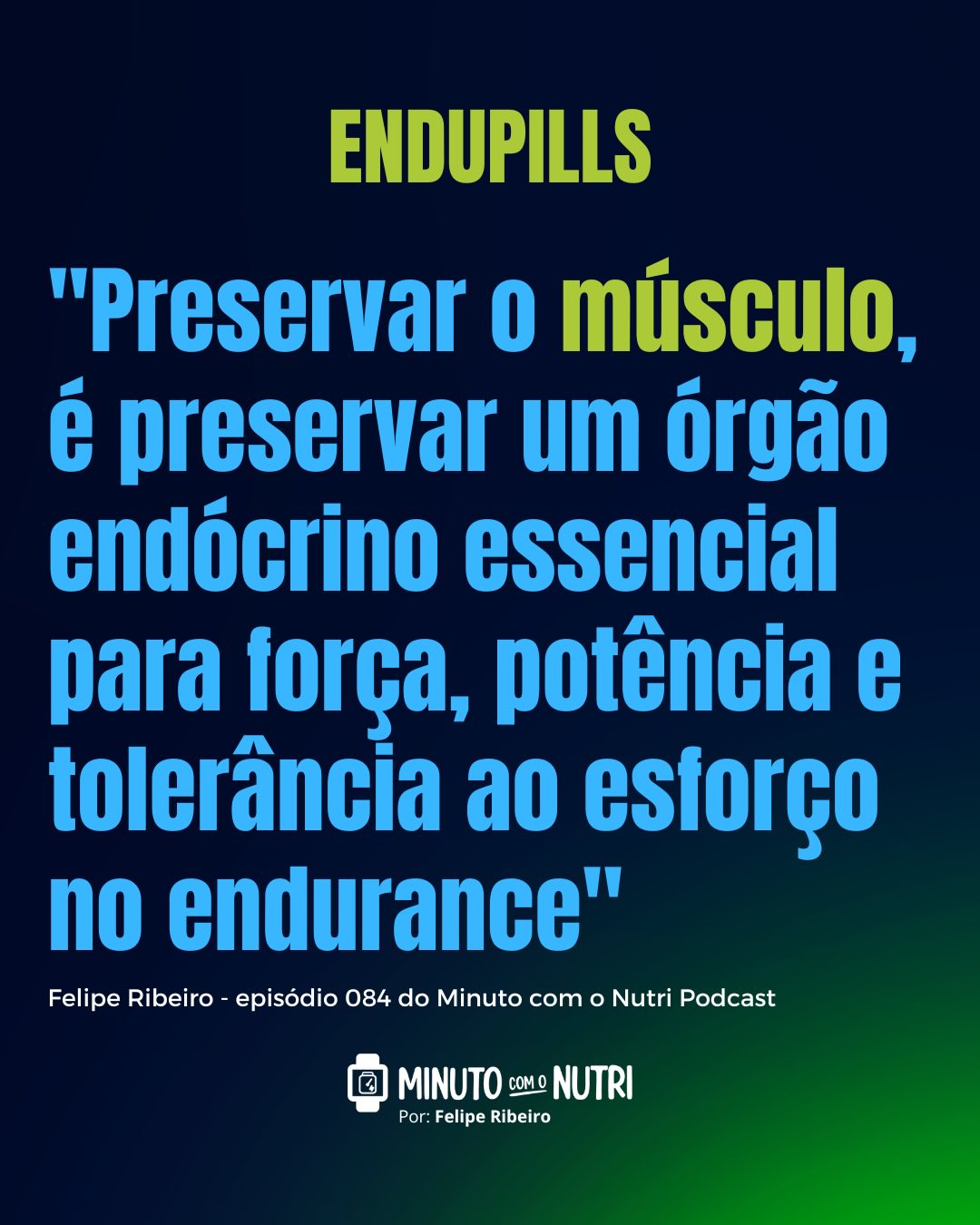 Toda segunda-feira às 6h, é dia de novo episódio no Minuto com o Nutri Podcast
O músculo não é importante apenas para a estética. Hoje, já sabemos que o músculo é um órgão endócrino essencial para força, potência e tolerância ao esforço no nosso paciente que pratica modalidades de endurance.
Desse modo, continuando a nossa série de Endupills no Minuto com o Nutri Podcast, trazendo implicações clínicas do uso de análogos de GLP-1 por praticantes de modalidades de endurance, está no ar o novo Endupill no Minuto com o Nutri Podcast.
No episódio de hoje, abordei sobre um assunto essencial visando a manutenção de massa muscular: o consumo de proteínas.
Para escutar o episódio na íntegra, clique no link na Bio ou busque por “Minuto com o Nutri” ou “Felipe Ribeiro” no Spotify que o novo Endupill no Minuto com o Nutri já está disponível para você! 🏊🏃🏻♂️🚴♂️🗃️