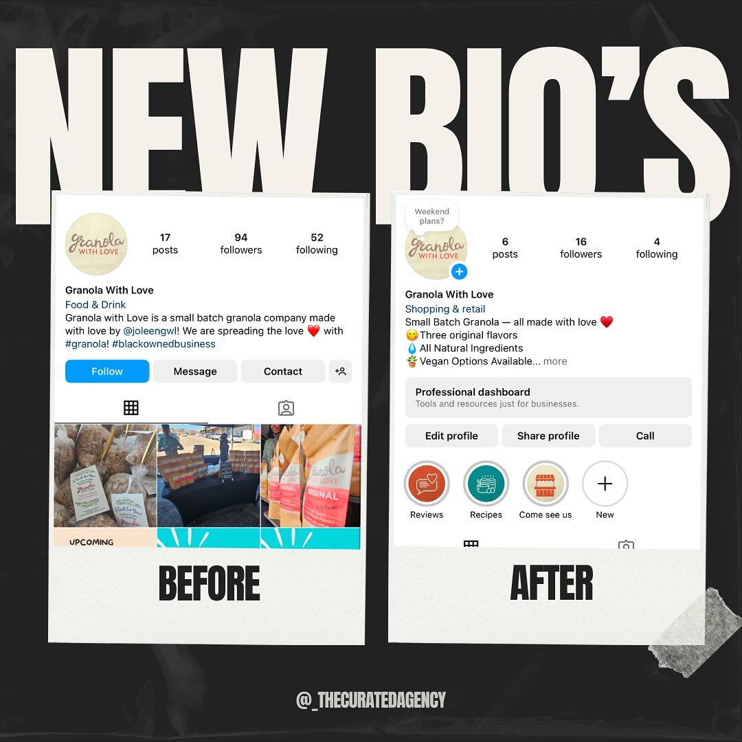 CURATED BIO’s ✍️ A before and after look at our clients new bio! Stay tuned to see how we grow the page 📈
Comment below if your page needs a new fresh bio!
#curatedbios #authenticbranding #storytellingdoneright