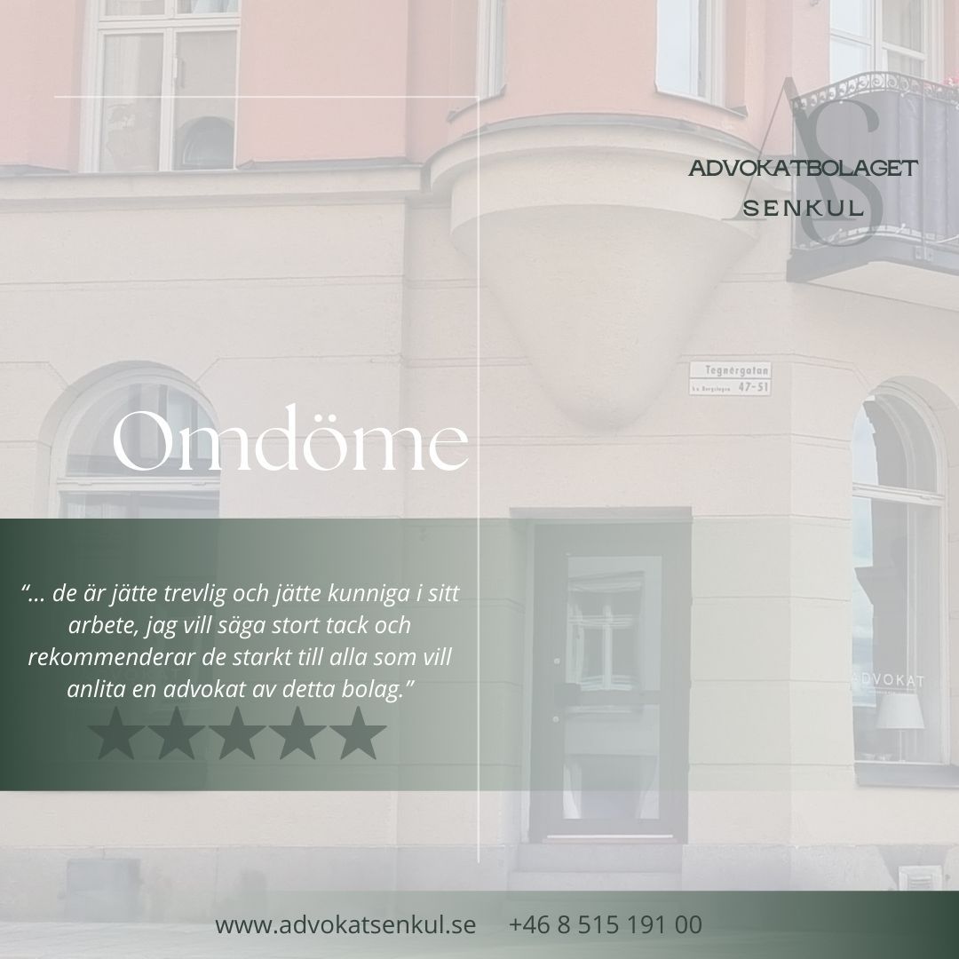 "... de är jätte trevlig och jätte kunniga i sitt arbete, jag vill säga stort tack och rekommenderar de starkt till alla som vill anlita en advokat av detta bolag."