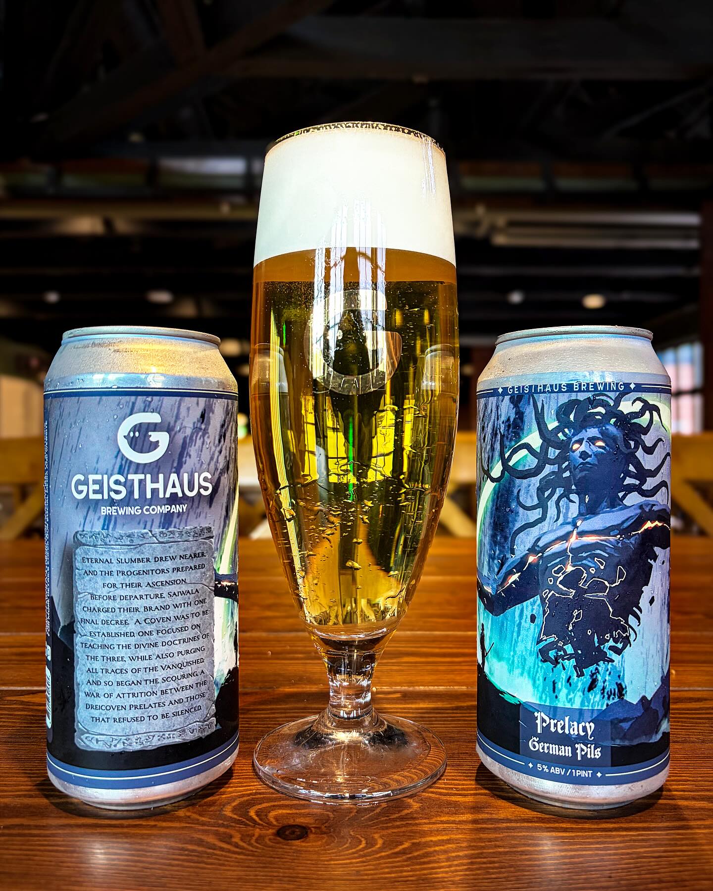 Can drop 2 of 2
Eternal Slumber drew nearer, and the Progenitors prepared for their ascension. Before departure, Saiwala charged their Brand with one final decree. A Coven was to be established, one focused on teaching the divine doctrines of the Three, while also purging all traces of the Vanquished. And so began the Scouring, a war of attrition between the Dreicoven Prelates and those that refused to be silenced.
Prelacy. German Pils. 5% abv
A refreshingly crisp and aromatically charged German-style Pils. Mashed with Weyermann Pilsner malt and hopped generously with late kettle and whirlpool additions of German Hallertau Tradition hops. Naturally carbonated by spunding, and lagered in horizontal tanks until perfectly matured. Fluffy stone-ground rolls, fistfuls of springtime blossoms, and grapefruit twists.
Available in half-liter and 0.3 liter pours off long-neck @lukr.cz faucets and 4-packs to-go.