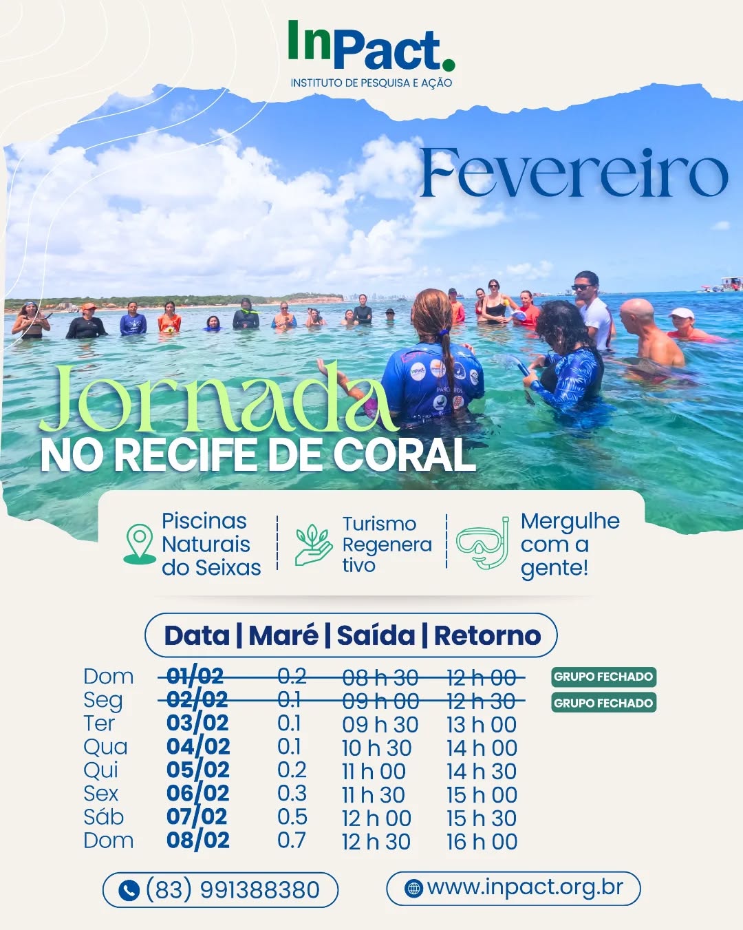 ✨ Agenda de Fevereiro está ABERTA! ✨
Já pensou em viver uma experiência única de conexão com a natureza? 🌎💙
A Jornada nos recifes de Coral é um passeio educativo e encantador, onde você conhece de perto os corais, a vida marinha e a importância da conservação dos nossos oceanos.
📅 Confira as datas disponíveis
📲 Faça sua reserva pelos nossos canais de atendimento:
📱WhatsApp: (83) 99138-8380
✉️Direct message
🌐 Saiba mais em: www.inpact.org.br
📍Local de embarque: Rua dos Pescadores, 501. Ponta do Seixas, João Pessoa - PB.
Vagas limitadas! Garanta já a sua e venha viver essa experiência transformadora 🌊✨
#JornadaNorecifedeCoral #RecifeDeCorais #TurismoSustentável #EducaçãoAmbiental #ExperiênciaInPACT