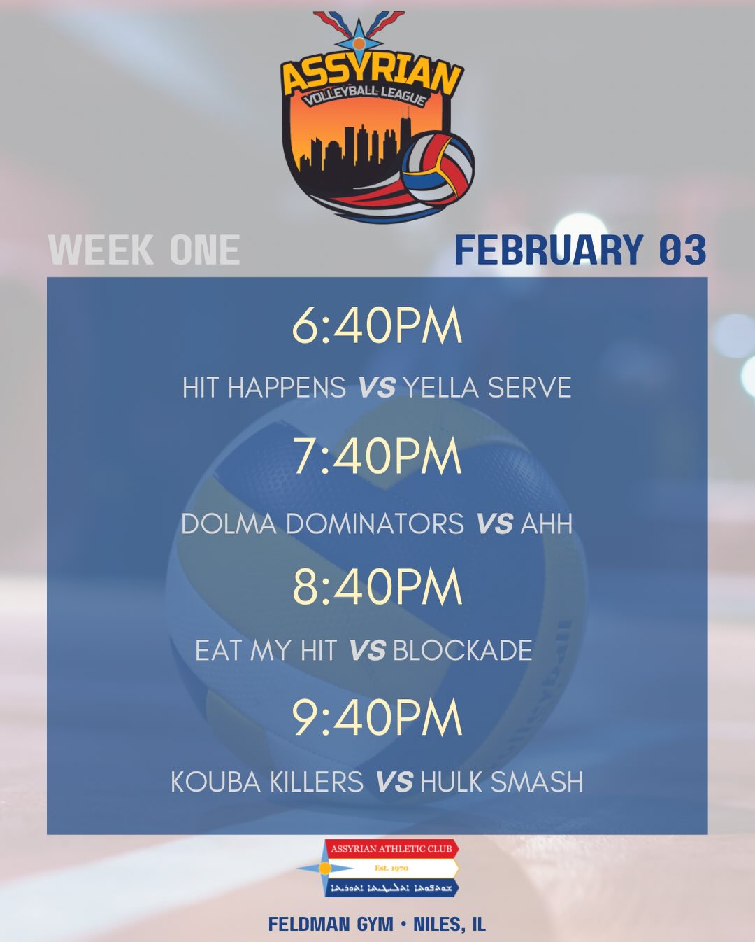 AVL is BACK! Join us tonight at 6:40PM at Feldman Gym in Niles. Swipe to meet all the teams this season! See you all tonight!