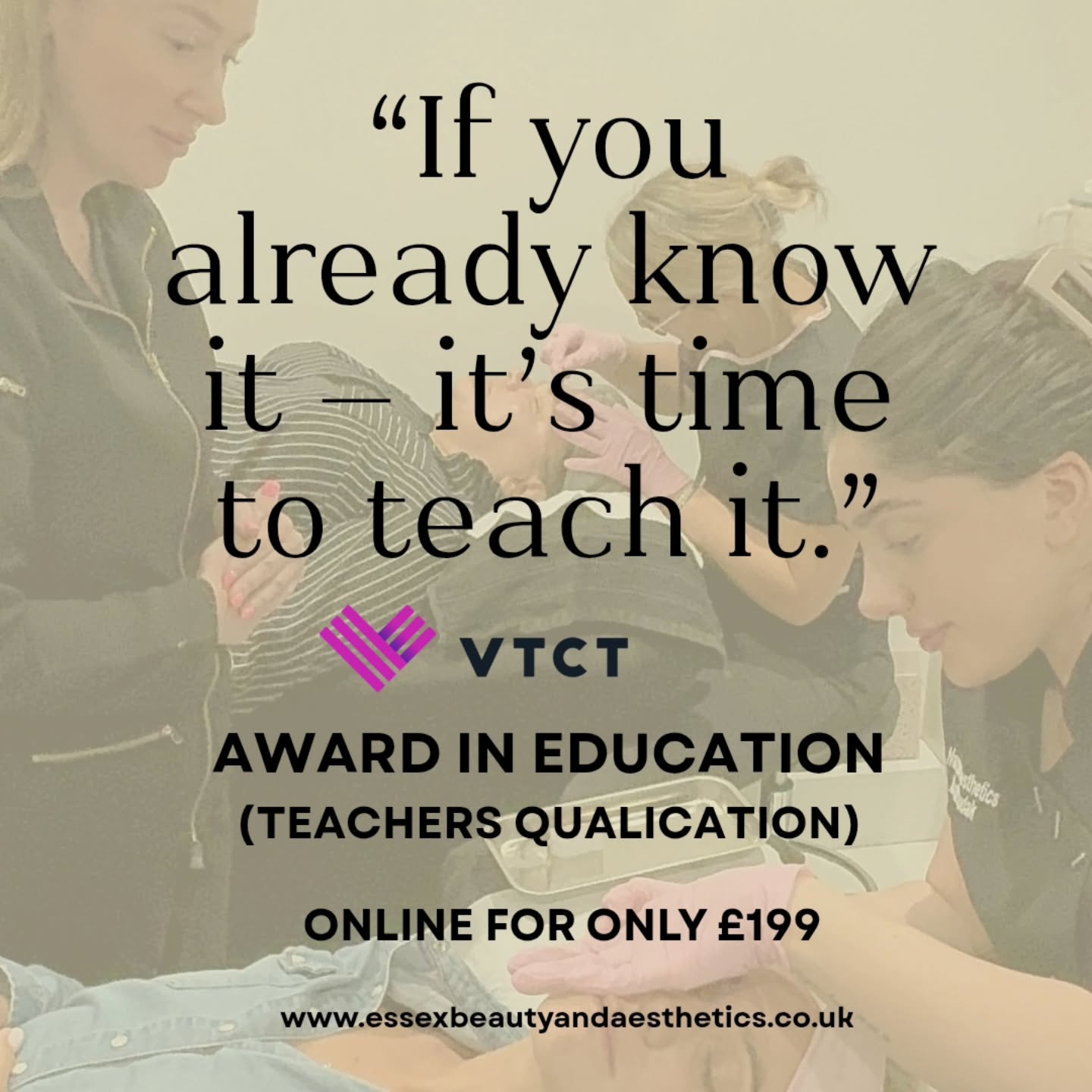 “If you already know it — it’s time to teach it.”
Ready to take the next step from practitioner to educator?
Our VTCT Award in Education is designed for experienced professionals who want to teach, train, assess or mentor others with confidence and credibility.
This online-based qualification allows you to study flexibly around your current work and lifestyle. Learners will receive full access to our online learning portal, where you’ll work through structured resources and complete your assignments at your own pace.
As part of the qualification, learners are required to complete a 30-minute micro-teach session to demonstrate teaching practice.
✨ Fully online learning
✨ Access to our dedicated learner portal
✨ Structured resources & guided assignments
✨ 30-minute micro-teach assessment
✨ Full tutor support throughout
✨ VTCT-recognised qualification
🎓 Special offer: £199
✔️ Includes all learning resources
✔️ VTCT registration
✔️ VTCT certificate on completion
If you’re already skilled in your industry, this qualification gives you the professional foundation to teach it properly.
📍 Essex Beauty & Aesthetics
🎓 VTCT Approved Centre
#VTCTTraining #awardineducationandtraining #essexbeauty #essexbeautytraining #basildonaesthetics #basildontraining
