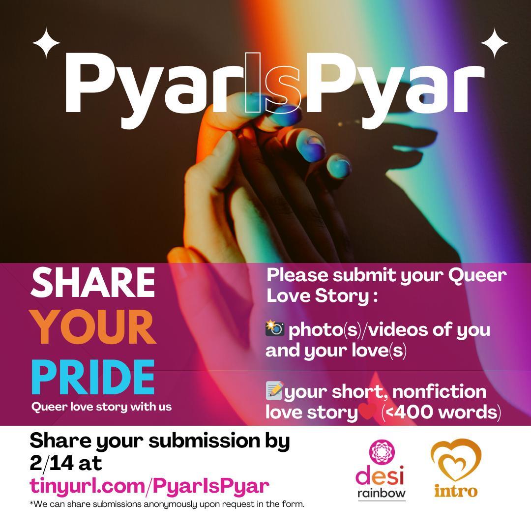 💓 Pyar is pyar and your love deserves the spotlight! This Valentine’s Day, we are partnering with @intro.queerdesidating to share community love stories and to feature them on our social media. Through sharing these stories we hope to build resiliency, community, and to celebrate queer Desi love.
👨⚖️ Now more than ever, we need to be sharing our culture of Pyar! Nearly 30 states still have unenforceable statutory or constitutional bans on same-sex marriage on their books, despite the 2015 Obergefell v. Hodges ruling that legalized it nationwide.
To share your queer love story submit by 2/14 with the link in our bio! Submit:
📸 Photos/videos of you & your love(s)
✍️ A short, nonfiction story (<400 words)
Anonymous submissions welcome
#queerlove #valentinesday #loveislove #QueerDesi #DesiLove #LGBTQDesi #PyarIsPyar