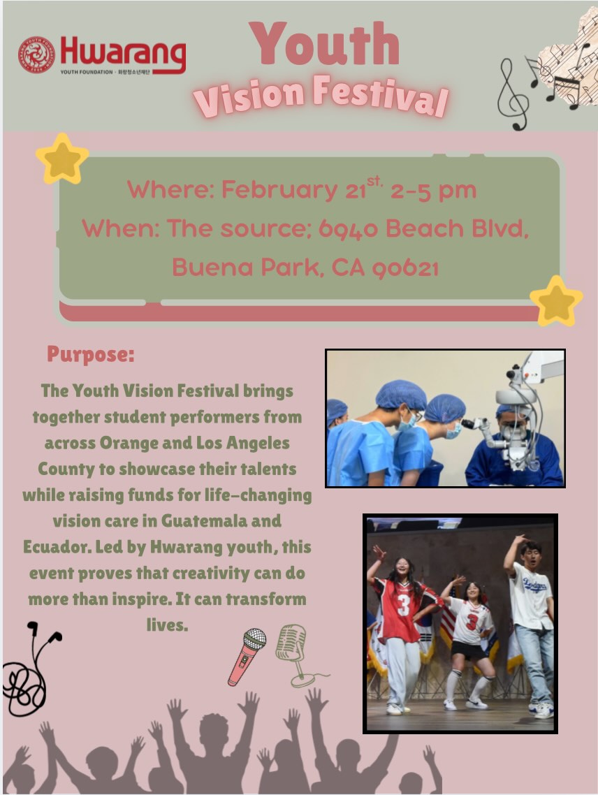 This year, we’re turning talent into purpose 🌎 The Youth Vision Festival is more than a show. It’s a movement where students use music, dance, and creativity to change lives beyond our communities.
Hosted by Hwarang youth leaders, this service-driven festival raises funds to provide eye exams and glasses for underserved communities in Guatemala and Ecuador 👓✨ giving clear vision and new opportunities to those who need it most.
💙 Be part of something bigger than a performance. Attend, support, or share and help us turn youth talent into global impact!
#hwarangyouth #youthleaders #communitysupport #화랑청소년재단 #globalimpact