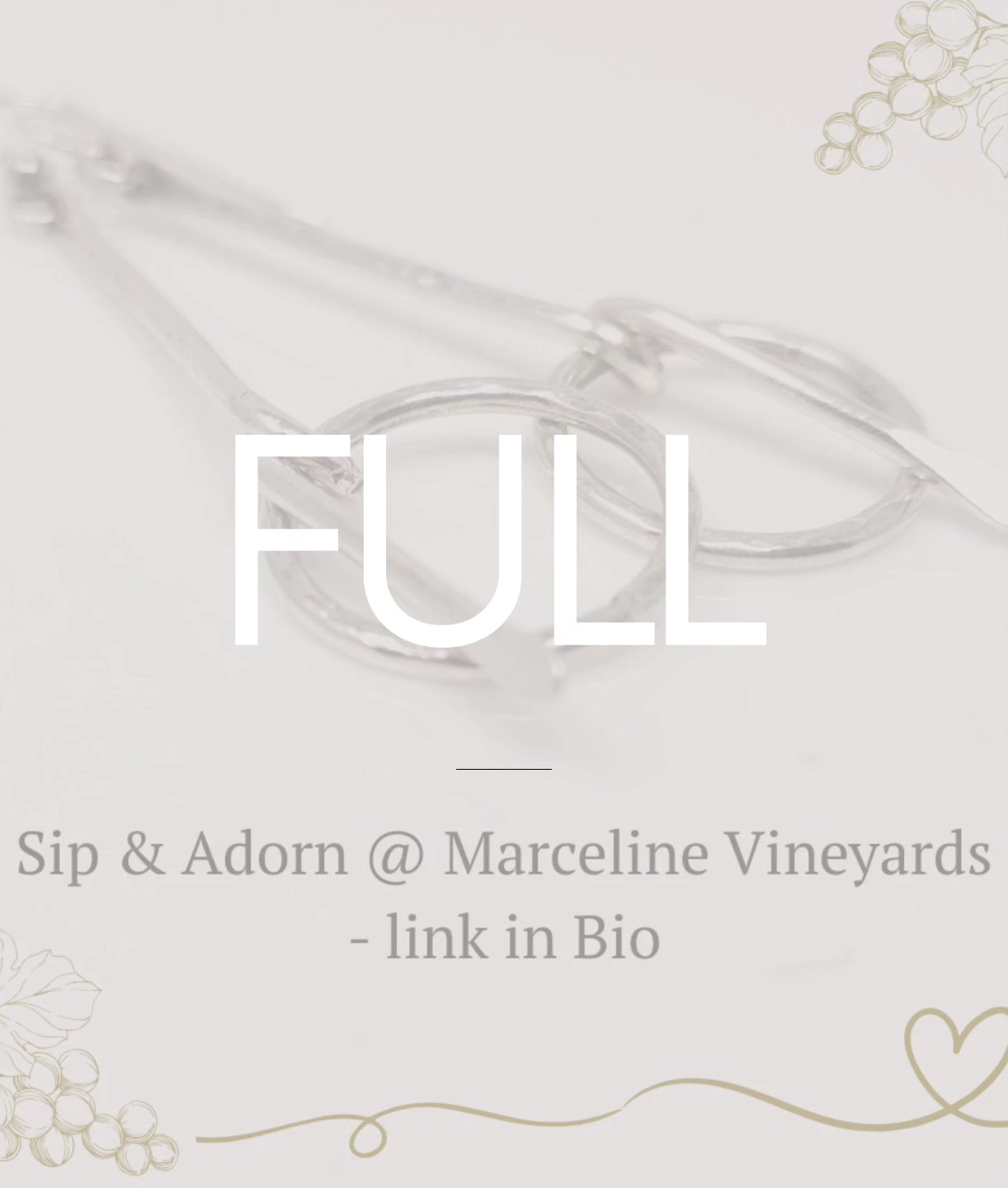 The Sip & Adorn class is officially FULL — and so is my heart 💛 Thank you for such an incredible response!
✨ If you'd like to join the waitlist, just in case a seat opens up — or be the first to know about the next jewelry class — you can leave your info here:
Https://forms.gle/XS4w3ovop7EsyxiBA
A fall date is in the works — so don’t miss your chance to be part of it 🍂✨🍷
See you @marcelinevineyards
Tomorrow night