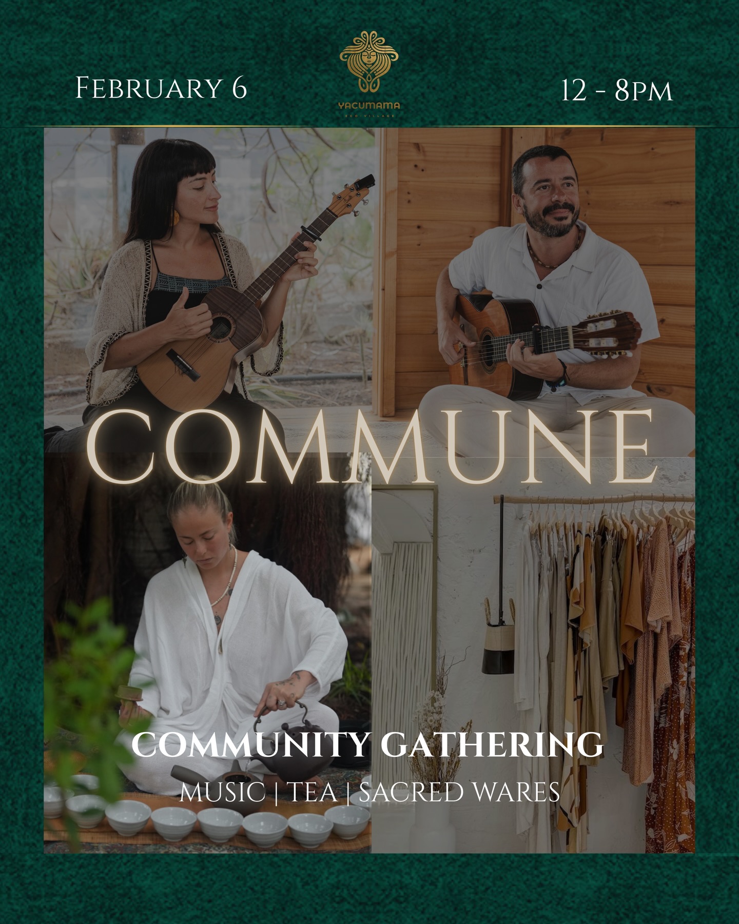 COMMUNE 🌳
February 6 | 12-8pm
Join us for a Community Gathering of COMMUNION with our friends visiting from Ibiza and local musicians, @juantepui @costanza.ayni ✨✨✨
We will be opening a Mercado and offering Sacred Wares, Crafts & Clothing from around the world & nourishment will be served at the Yacu Cafe. Enjoy a swim in the refreshing Yacumama Waterfalls in between sessions.
MERCADO - Sacred Wares, Crafts, Clothing & Nourishment
Opens at 12pm | Closes at 8pm
TEA CEREMONY with @kiki___rei
2-4pm | 10 Spaces Available
CANTOS A LA MADRE SELVA
5-7pm | Live Concert @costanza.ayni & @juantepui
📍Yacumama, Ojochal
🦋 Friday, Feb 6 | 12-8pm
🌿 Come for the full gathering or book individual offerings (prices listed in slides) - link in profile.
FULL GATHERING 💫
PRE-SALE TICKET: $60
AT DOOR: $70
COSTA RICAN NATIONALS: 22,000-28,000
High season is in full swing and we are excited to deepen in communion and connection with our beloved community. See you here! 🤍