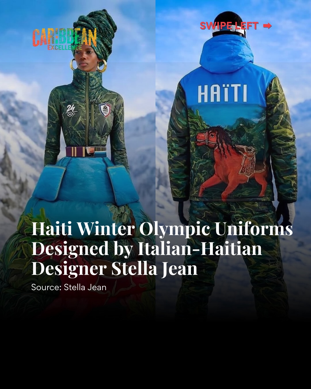 Haiti brought the heat to the winter cold at the Olympic Opening Ceremony and we’re still not over these stunning uniforms.
Two Haitian athletes are making history on the slopes, Richardson Viano competing in alpine skiing and Stevenson Savart in cross-country skiing. They will be draped in hand-painted art by Italian-Haitian designer Stella Jean. Every detail tells a story, the bold red riderless horse galloping across tropical sky-blue, inspired by renowned Haitian artist Édouard Duval-Carrié. The puffer skirts and traditional tignon headwraps. Pure cultural pride meeting winter sport elegance.
This is what representation looks like: Caribbean heritage painted across the world’s biggest stage, reminding everyone that excellence has no temperature limit.
From the islands to the ice, Haiti is here, and they came dressed to make a statement.
#HaitiAtTheOlympics #CaribbeanExcellence #WinterOlympics2026 #MilanoCortina2026 #StellaJean