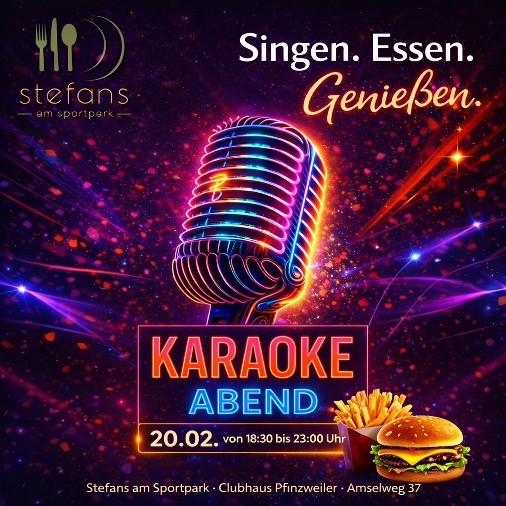 .
.
NEU !!!
🎤✨ KARAOKE ABEND im Stefans am Sportpark
Singen. Essen. Genießen.
Du liebst Musik, gute Stimmung und leckeres Essen?
Dann ist das genau dein Abend!
📅 20.02.
🕡 18:30 – 23:00 Uhr
🎶 Lieblingssong auswählen
🎤 Mikro schnappen
😂 mit Freunden feiern
🍔 Burger, Snacks & Drinks genießen
Egal ob Bühnenprofi oder Duschsänger – hier geht’s nicht um Perfektion, sondern um Spaß.
Je schiefer, desto besser 😉
Also: Freunde einpacken und vorbeikkommen – das wird laut, lustig und legendär!
📍 Clubhaus Pfinzweiler · Amselweg 37
Wir würden uns freuen wenn ihr den Beitrag teilt.❤️
#KaraokeAbend #Straubenhardt #Pfinzweiler #StefansAmSportpark EssenGehen