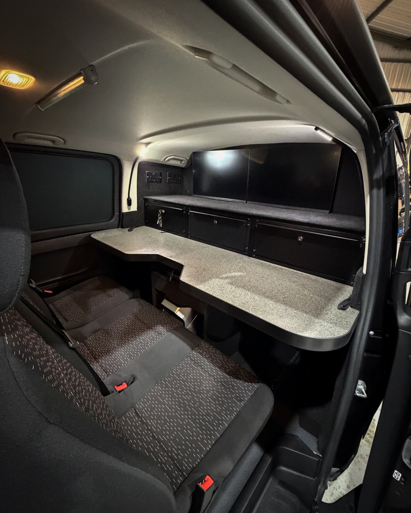Mercedes Vito - Bespoke Video Editing Builds
Some recent custom builds on a pair of Vitos that will fulfil a very specific role.
Specification including:
◦ Custom shelving and lighting configuration.
◦ Steel bulkhead and security plating to windows.
◦ Standalone EcoFlow Delta 4 system delivering 4KW of battery power to 8 twin 240V outlets.
◦ EcoFlow 800W alternator charger and power monitoring system.
◦ Starlink data system.
◦ CNC cut work-desk.
◦ Dual arm-mounted monitors.
◦ Adtek data equipment racks and lockable drawer systems.