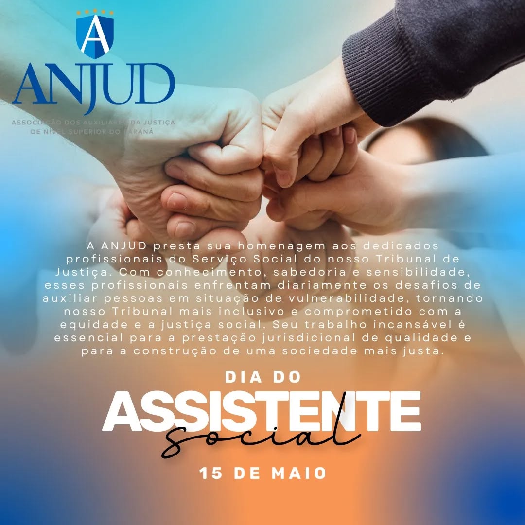 15 DE MAIO - DIA DO PROFISSIONAL DO SERVIÇO SOCIAL!! A ANJUD presta sua homenagem aos dedicados profissionais do Serviço Social do nosso Tribunal de Justiça. Com conhecimento, sabedoria e sensibilidade, esses profissionais enfrentam diariamente os desafios de auxiliar pessoas em situação de vulnerabilidade, tornando nosso Tribunal mais inclusivo e comprometido com a equidade e a justiça social. Seu trabalho incansável é essencial para a prestação jurisdicional de qualidade e para a construção de uma sociedade mais justa.