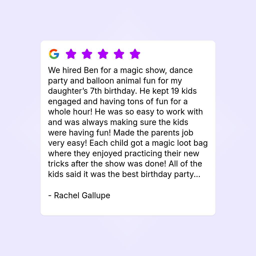 ⭐ Check out what people are saying about Presswood Entertainment! We’re all about creating magical, unforgettable moments for your special events. 🪄 From foam parties to Bumbling Bert’s magic shows, we’re here to bring the fun! 🎉 #PresswoodEntertainment #MagicShows #FoamParties