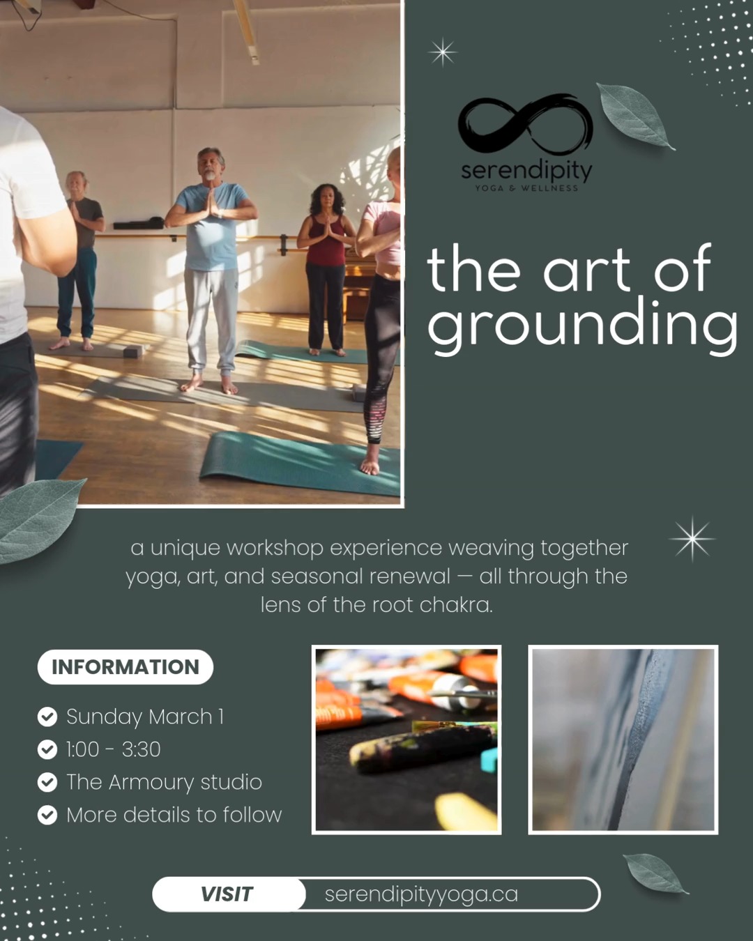 Something special is blossoming at Serendipity Yoga this March.
The Art of Grounding is a unique workshop experience weaving together yoga, art, and seasonal renewal, all through the lens of the root chakra. In partnership with a local art guide, this afternoon invites you to explore the connection between movement, creativity, and the steady foundation that supports growth.
This gathering is about grounding, reconnecting, and gently awakening after winter. Through mindful movement, creative exploration, and meaningful conversation, we’ll root down, find stability, and create space to grow as we transition into spring. Think steadiness, inspiration, and that first sense of new life stirring beneath the surface.
Sunday March 1st
1:00–3:30pm
The Armoury Studio, Picton
An afternoon of movement, creativity, and blossoming into spring. Stay tuned more details coming soon. 🌱
#serendipityyoga
#yogapec
#healthymovementyourway
#theartofgrounding