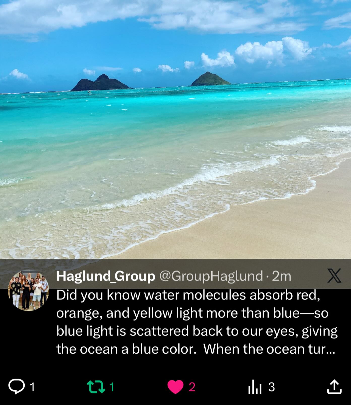 Did you know water molecules absorb red, orange, and yellow light more than blue—so blue light is scattered back to our eyes, giving the ocean a blue color. When the ocean turns green, it’s often rich with microscopic plants (phytoplankton) whose chlorophyll reflects green light.
Reference: https://oceanservice.noaa.gov/facts/oceanblue.html
#FunFactFriday