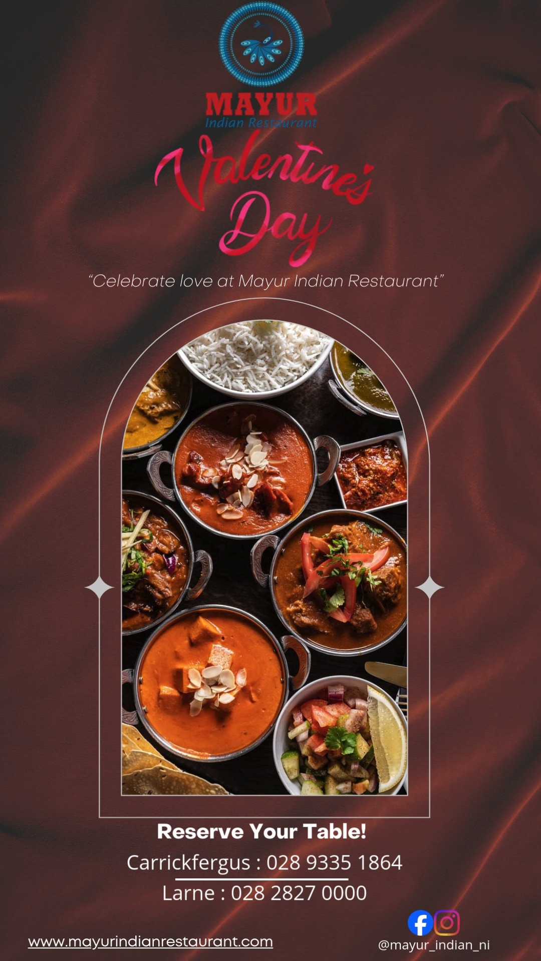 ๐นโจThis Valentines Day, treat your other half with the meal they deserve at Mayur Indian Restaurant. โจ๐น
For reservation, please call us now:
Carrickfergus : 028 9335 1864/1865
Larne : 028 2827 0000/0001
#Mayur #Valentines #Valentinesday #love #couples #heart #loveisintheair #bemyvalentine #celebrate #Carrickfergus #Larne #treat #bubbles #curries #delicious #indiancuisine #jalfrezi #foodie #masala #butterchicken #hotandspicy #mildandcreamy #cobra