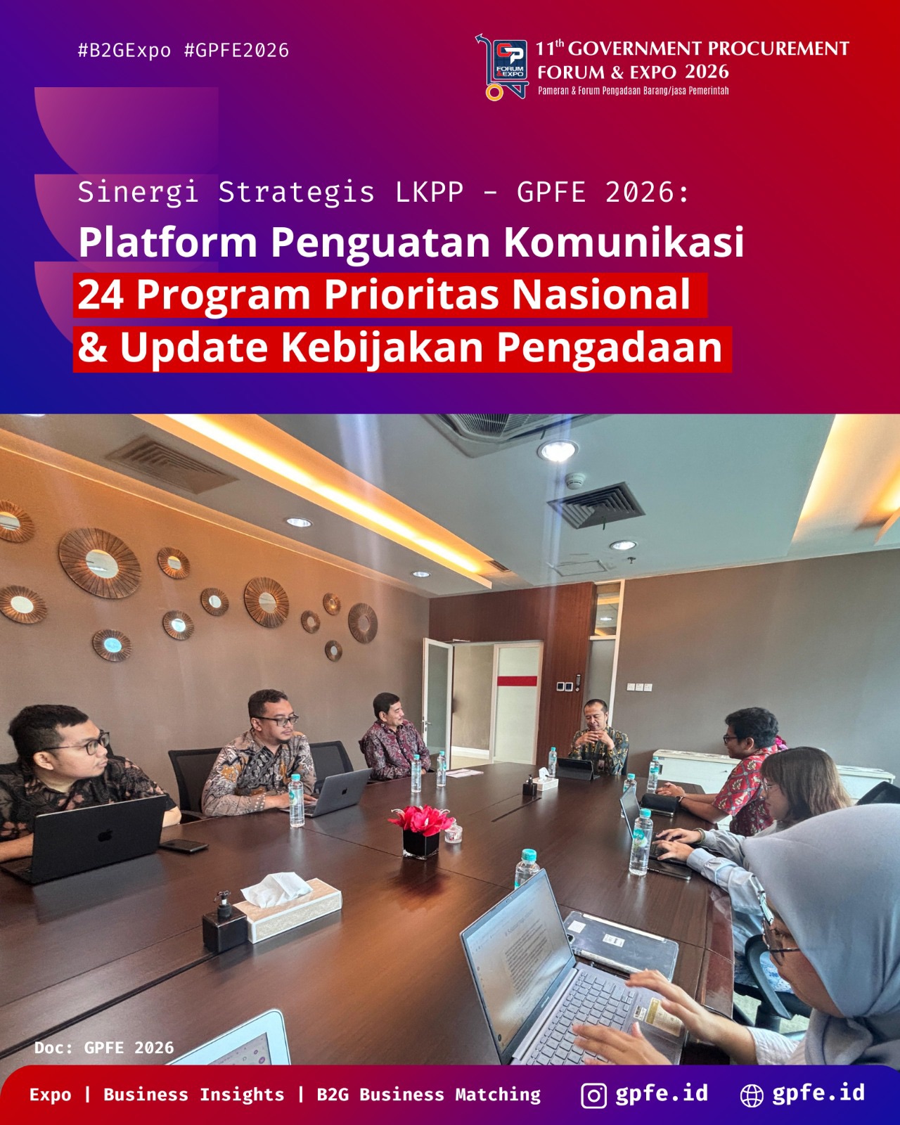 Halo Sobat PBJ!
Sebagai langkah awal menuju penyelenggaraan GPFE 2026, GPFE telah menggelar pertemuan resmi dengan Lembaga Kebijakan Pengadaan Barang/Jasa Pemerintah (LKPP) untuk menyelaraskan arah, substansi, serta potensi kolaborasi strategis dalam ekosistem pengadaan nasional.
Audiensi yang berlangsung pada Rabu, 14 Januari 2026 ini dihadiri oleh jajaran LKPP serta manajemen dan panitia GPFE 2026, dengan tujuan memperoleh arahan terkait tema, materi, dan pendekatan acara agar selaras dengan kebijakan pengadaan nasional terkini.
Hasil pertemuan ini akan menjadi landasan dalam penyusunan konsep dan program GPFE 2026, guna menghadirkan forum dan expo Business to Government (B2G) yang relevan, strategis, dan berdampak bagi seluruh pemangku kepentingan.
Catat tanggalnya dan hadiri GPFE 2026!
🗓️ 5–7 Agustus 2026
📍 Bima Hall, Jogja Expo Center (JEC), Yogyakarta
Join Booth / Expo Info:
📞 WhatsApp 0812-9991037
Registrasi Visitor & Informasi GPFE 2026:
🔗 bit.ly/visitorgpfe2026
🌐 www.gpfe.id
#eventnasional #eventpengadaan #eventyogyakarta #gpfe2026