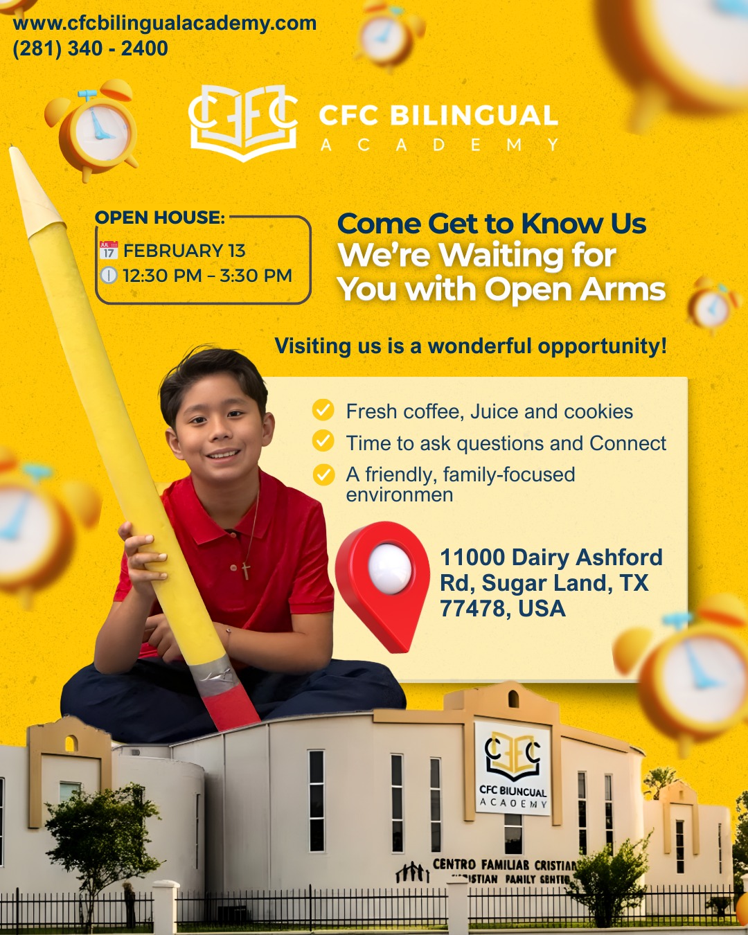We want to meet you! 💛 Join us for our Open House and discover why CFC is the place where your child will shine. Come enjoy some coffee, meet our team, and feel the family-focused environment that makes us unique. 🏫✨
📍 11000 Dairy Ashford Rd, Sugar Land, TX.
🗓️ February 13th | 12:30 PM - 3:30 PM.
We are waiting for you with open arms! 😎
_________________________________________________
¡Queremos conocerte! 💛 Te invitamos a nuestro Open House para que descubras por qué CFC es el lugar donde tu hijo brillará. Ven a disfrutar de un café, conoce a nuestro equipo y siente el ambiente familiar que nos hace únicos. 🏫✨
📍 11000 Dairy Ashford Rd, Sugar Land, TX.
🗓️ 13 de febrero | 12:30 PM - 3:30 PM.
¡Te esperamos con los brazos abiertos! 😎
.
.
.
#OpenHouse #SugarLandTX #CFCBilingualAcademy #ChristianEducation #BilingualSchool #FamilyFirst #EducacionConProposito