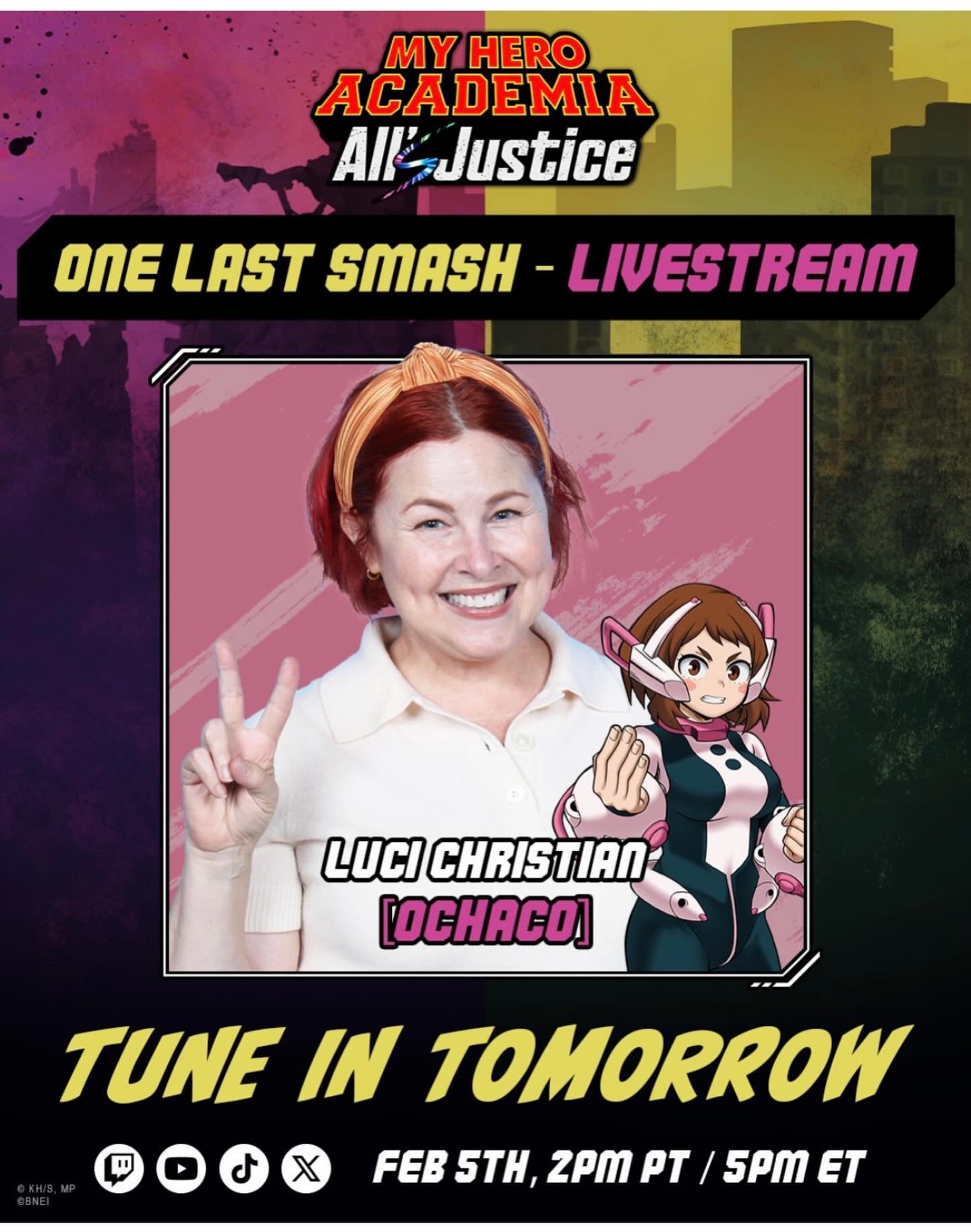 I’m super stoked to get to drop in on @bandainamcous tomorrow to celebrate the launch of My Hero Academia All’s Justice! Tune to watch me laugh a lot, discuss the merits of a zero gravity quirk, and attempt to go beyond with my newb thumbs. ✌🏼😘💖 #mha #mhaallsjustice #ochacouraraka