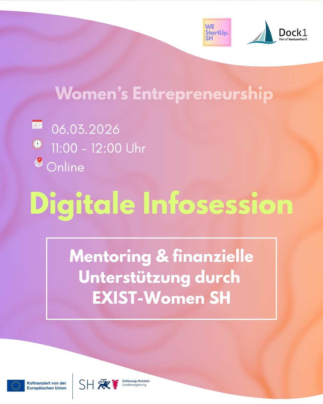 ✨ Einladung zur digitalen Infosession ✨
😊 Wir von WEstartupSH, dem Projekt der Europa-Universität Flensburg für Support im Bereich Women’s Entrepreneurship, freuen uns, euch auch in diesem Jahr wieder unterstützen zu können. Neben unserem Mentoring können wir euch voraussichtlich die Möglichkeit bieten, euch für eine finanzielle Förderung über das EXIST-Women SH Programm zu bewerben.
📅 Um euch einen Überblick zu geben und alle Fragen zu klären, laden wir euch herzlich zu einem digitalen Infotermin am 06. März um 11:00 Uhr ein.
Im Mittelpunkt stehen dabei insbesondere:
· Fragen rund um die finanzielle Förderung durch EXIST-Women SH
· unser begleitender Gründungssupport und Mentoring
· alles, was euch aktuell in Bezug auf eure Gründungsidee oder euer Start-up beschäftigt
👥 Die Infosession findet in Kooperation mit dem Dock1, der gemeinsamen Gründungsberatung der Hochschule Flensburg und der Europa-Universität Flensburg, statt. @dock1_fl @uni.flensburg @hochschuleflensburg
👉 Zur besseren Planung bitten wir euch, euch bis zum 04. März anzumelden:
Zugang zum digitalen Infotermin:
Meeting-Link/Anmeldung: https://eveeno.com/179243392
Wir freuen uns auf eure Fragen, eure Ideen und den Austausch mit euch! 😊
Herzliche Grüße
Euer WEstartupSH Team
gemeinsam mit dem Dock1 ____________________________________ EXISTWomenSH ist eine Kooperation zwischen dem @zfe_kiel - Zentrum für Entrepreneurship der Christian-Albrechts-Universität Kiel und der @muthesiuskunsthochschulekiel, der @startup.bridge der Fachhochschule Wedel, dem @gruendercube des Hanse Innovations Campus Lübeck und WEStartUpSH des Jackstädt-Zentrum der Europa-Universität Flensburg @uni.flensburg @dock1_fl @startupsh_now @hochschuleflensburg @kieluni Gefördert vom Bundesministerium für Wirtschaft und Klimaschutz (BMWK) #westartupsh #exist #womensempowerment #entrepreneur