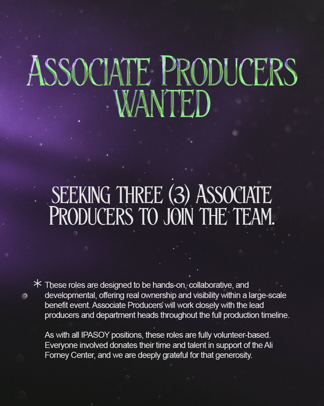 JOIN THE COVEN! We are seeking three (3) Associate Producers to join the team. ✨
Over the past few years, IPASOY has grown significantly in scale, complexity, and reach. To support that growth in a more sustainable and collaborative way, we plan to bring on three Associate Producers, each aligned with a specific focus area we have already been developing. Link in bio to apply!