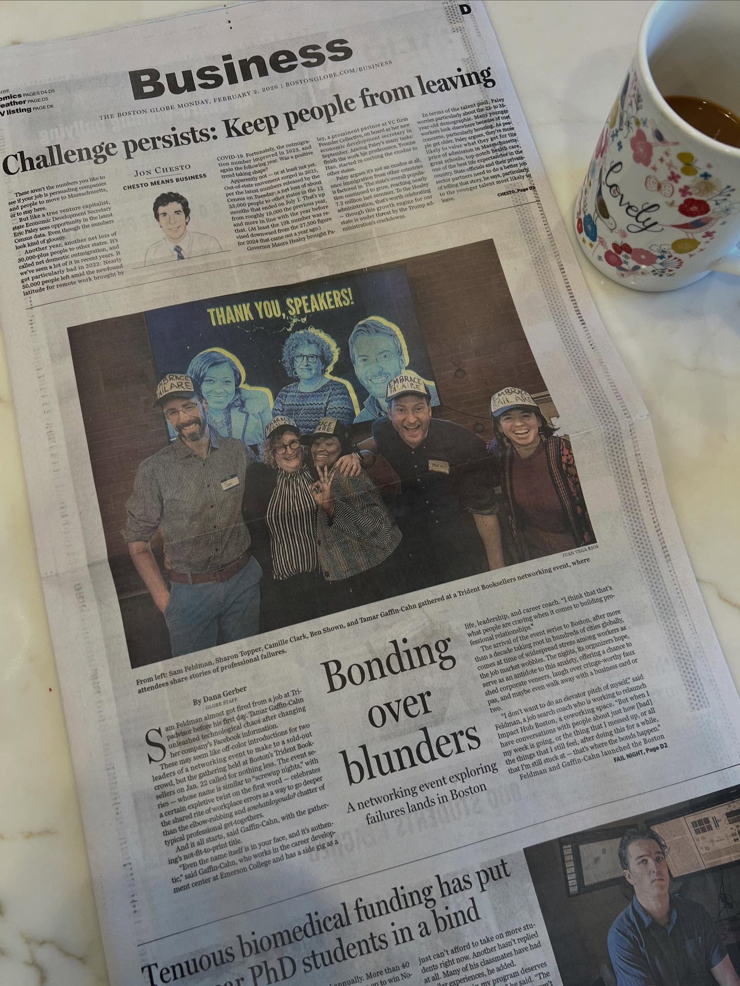 @fuckupnights_boston is front page of @bostonglobe Business section today!!!! (Link in F*ckup Nights Boston bio)
It’s an odd time to be experiencing professional joy these days. There continue to be many unjust actions swimming through this country’s veins.
After a deep breath, exhaling a specific expletive, my focus shifts to a heartwarming success story rooted in a different kind of failure. FuN Boston was featured in the Boston Globe. We’re creating a space in Boston where we admit our biggest failures and share the grief, shame, and lessons learned.
In this moment, the first three values of Fuckup Nights feel wildly important:
1) We take a stand: In moments of increasing polarization and inequality, it’s important to choose the right side of history and be vocal and active about it. We’re trying to get better at this.
2. We act from a place of love: For us, happiness is witnessing acts of love. Meaning is performing acts of love. We create our initiatives with these ideas in mind.
3. We are humble, but we bow to no one: We know we’re privileged and lucky. We feel honored to be a part of FuckUp, and we do our best to increase its impact.
Although F*ckup Nights Boston focuses on professional failures, I can’t help but use the lessons learned to apply the big fail, the grief, shame, and lessons learned to every aspect of life. I’m proud of the work we’re doing in Boston. I hope you join us for the next event.