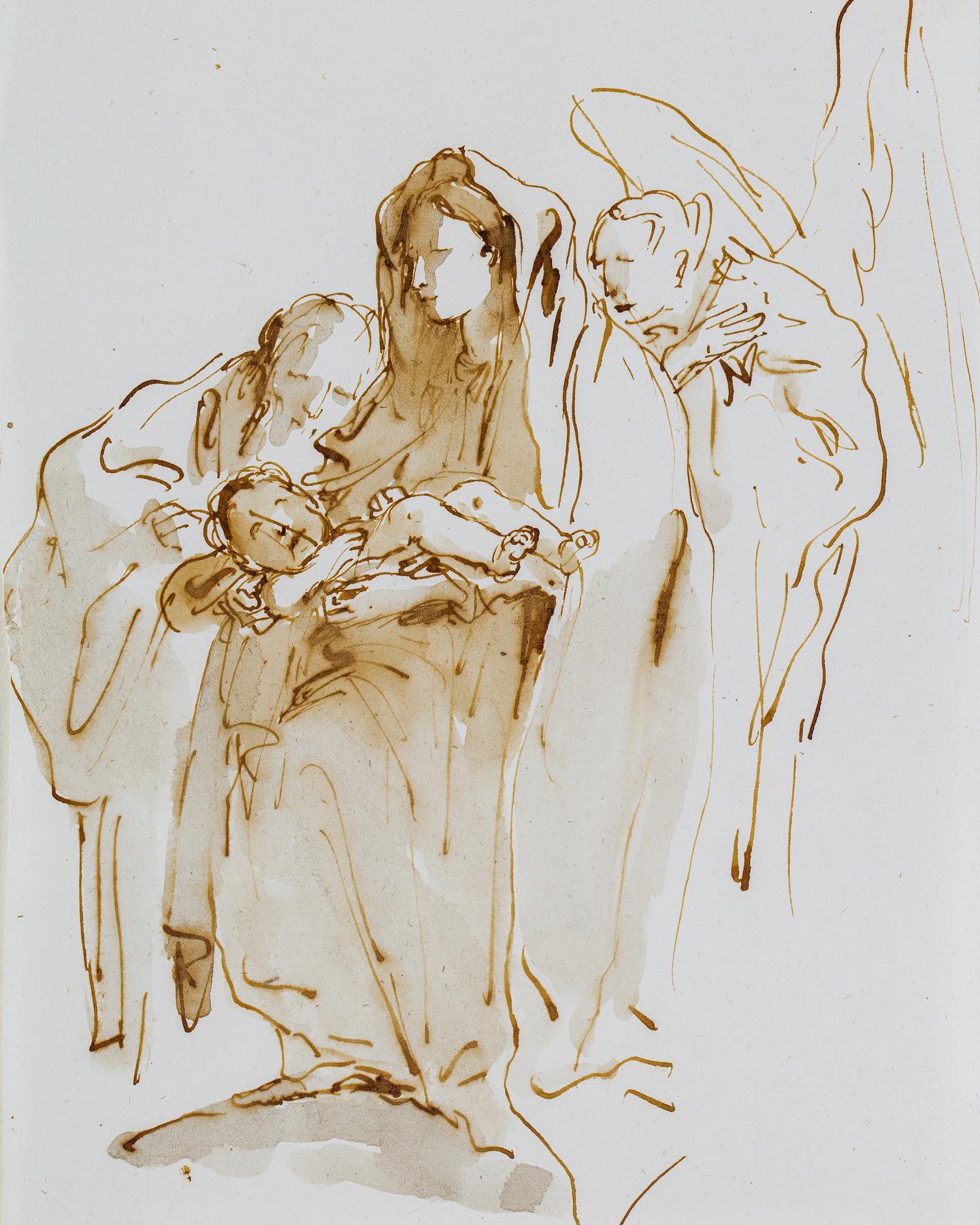 GIOVANNI BATTISTA TIEPOLO
This drawing once belonged to an album generally referred to as the Owen-Savile album. It was given this name because in the 1920s it was owned, or co-owned, by Richard Owen, an English art dealer based in Paris who worked closely with the Savile Gallery in London. The album contained more than sixty-seven drawings by Battista Tiepolo on the theme of the Holy Family, and a further ninety-three studies of heads, which are recorded in photographs from Owen’s archives now preserved at the Fogg Art Museum, Cambridge. A selection of forty drawings from this album, including at least twenty-two depicting the Holy Family (or closely related themes) were exhibited at the Savile Gallery in London in May 1928. The accompanying exhibition catalogue illustrates only ten of these, and the summary descriptions of the drawings and the lack of measurements make it difficult, and often impossible, to identify the extant drawings with certainty. The Savile drawings were sold with a copy of the bookplate of the album’s nineteenth-century owner, the collector Edward Cheney, who had purchased the album in Venice in 1842. Cheney’s inscription on this bookplate lists the early provenance of the album all the way back to Battista Tiepolo (Fig. 1). Drawings from the Owen-Savile album can be found today in the Metropolitan Museum of Art, the Morgan Library, the National Gallery of Art, Washington, the Ashmolean Museum, the Fogg Art Museum, the Hamburg Kunsthalle, the Boijmans van Beuningen Museum, the National Galleries of Scotland, and other public and private collections.
GIOVANNI BATTISTA TIEPOLO 1696–1770
The Holy Family with an Angel
Pen and brown ink, wash, over black chalk
250 x 178 mm
We will present a selection of old masters and Modern drawings @salondudessin in Paris, opening on the 19th March.
Looking forward to welcoming you on stand 12. For any query DM us.
@salondudessin #tiepolo #italiandrawings #ildmasters #oldmasterdrawings #dessins #salondudessin #marchanddedessin