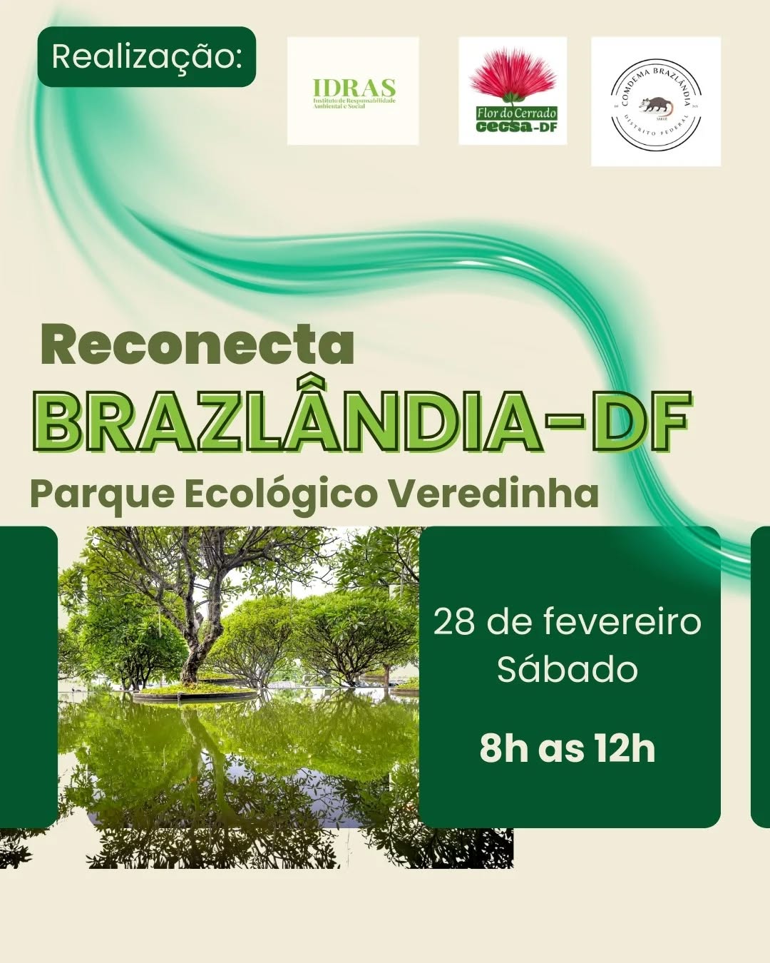 RECONECTA BRAZLÂNDIA: Um encontro com a nossa natureza! 🌿
Você está convidado para uma manhã de imersão Socioambiental e aprendizado no Parque Ecológico Veredinha. Venha fortalecer sua conexão com o meio ambiente e conhecer projetos incríveis que cuidam da nossa região! 💧🌳
🗓 Quando: 28 de fevereiro (Sábado)
🕗 Horário: Das 8h às 13h
📍 Local: Parque Ecológico Veredinha, Brazlândia-DF
📝 Programação Completa:
08h00: Recepção (CECSA-DF e COMDEMA Brazlândia)
08h15: Trilha Guiada e Interpretativa com Edmi Moreira (Pres. da COMDEMA)
09h00: Palestra Demonstrativa: Monitoramento da Qualidade da Água
10h00: Palestra sobre Adubação Verde com o Eng. Agrônomo Davi Peterson (Galpão Centro-Oeste)
10h30: Encontro com a AMAS - Assoc. Mulheres das Águas de Sobradinho (Magnólia Barros)
11h30: Projeto Trilhas do Descoberto - Caminhos do Planalto Central (Poliane Farias e João Carlos Machado)
12h00: Roda de Conversa: Escuta Ativa e Encerramento
✨ Realização e Apoio:
Este evento é uma iniciativa do CECSA-DF, Flor do Cerrado (CECSA-DF), coordenado pelo IDRAS e em parceria com a COMDEMA Brazlandia, com o apoio fundamental da Administração Regional de Brazlandia @admbrazlandia e IBRAM.
Participe e traga sua família! Vamos juntos conhecer mais dessa região tão importante para o DF. 💚
#ReconectaBrazlândia #MeioAmbiente #Brazlândia #Sustentabilidade #cerrado