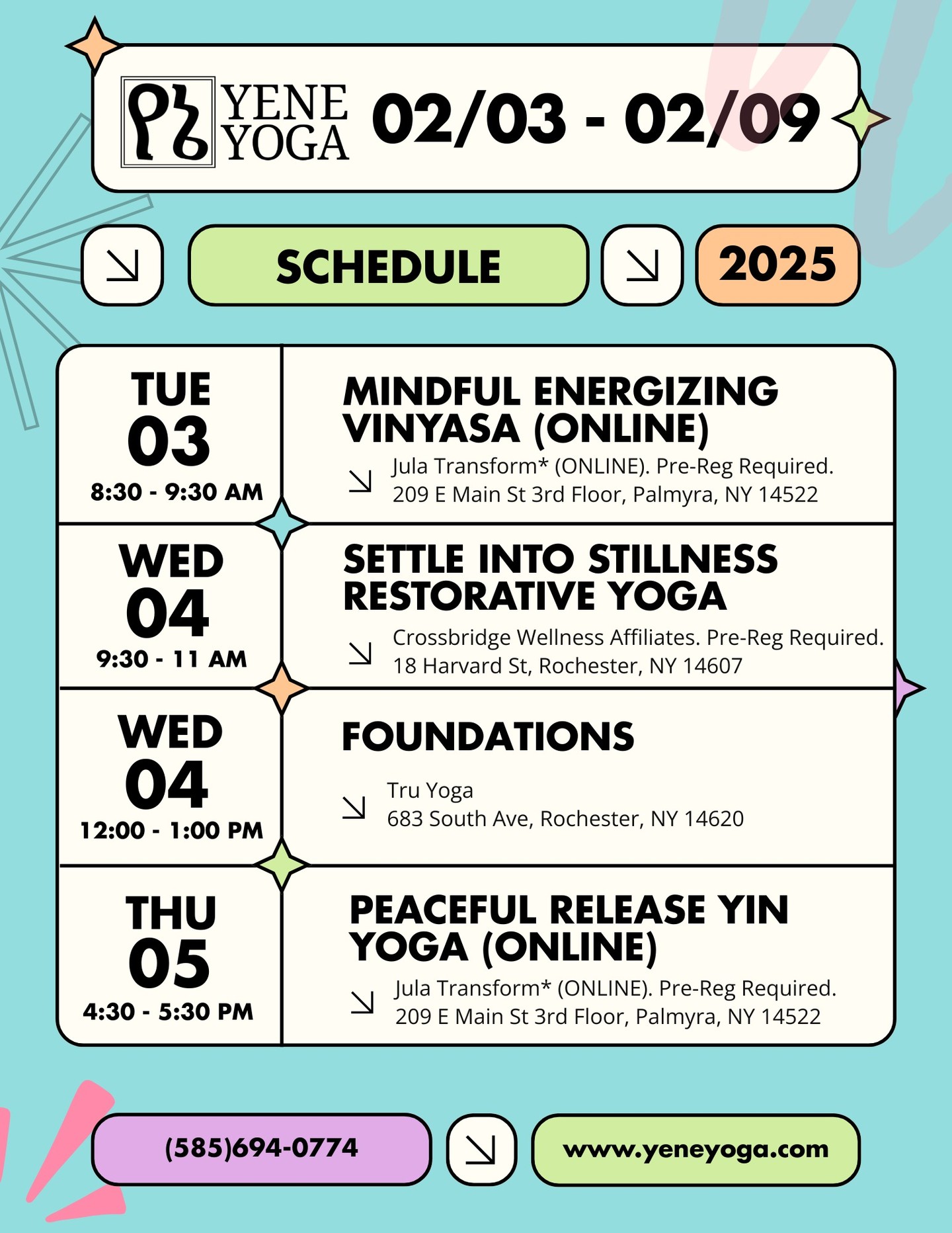 This week's newsletter focuses on the mantra - मन्त्र and its ability to anchor us and to direct our action, includes this week's schedule and information about upcoming events, and names organizations that we can direct our energy towards. Read on at:
https://www.yeneyoga.com/so/dfPmWTh91?languageTag=en
📌EVENTS:
SATURDAY, 2/28 2:00 - 4:00 PM: Join me and @dancingdav for The Choreography of Flow: A Hatha Yoga Performance & Workshop w/ Live Music (RESCHEDULED). $20/$30/$40 sliding scale pricing includes attendance of the yoga flow duet and participation in the all-levels workshop. Space is limited; pre-registration is encouraged.
See newsletter for event details.
🗓️This Week's Schedule:
🌿Tuesday 2/3
🍃Mindful Energizing Vinyasa (ONLINE)
8:30 - 9:30 AM EST
Jula Transform
Held ONLINE
$10 flat-rate. PRE-REGISTRATION REQUIRED.
🌿Wednesday 2/4
🍃Settle into Stillness Restorative Yoga
9:30 - 11:00 AM EST
Crossbridge Wellness Affiliates
18 Harvard St, Rochester, NY 14607
$10/$15/$20 Sliding Scale pricing. PRE-REGISTRATION REQUIRED.
🍃Foundations*
12:00 - 1:00 PM EST
Tru Yoga
683 South Ave, Rochester, NY 14620
$10/$15/$20 Sliding Scale pricing
*All Tru classes must be booked directly through Tru at www.truyogaroc.com
🌿Thursday 2/5
🍃Peaceful Release Yin Yoga (ONLINE)
8:30 - 9:30 AM EST
Jula Transform
Held ONLINE
$10 flat-rate. PRE-REGISTRATION REQUIRED.
🌿Friday 2/6
NO PUBLIC CLASSES - Private Sessions Available
🌿Saturday 2/7
NO PUBLIC CLASSES - Private Sessions Available
🌿Sunday 2/8
🍃Hatha Yoga Club (Available for UR Undergraduate Students)*
1:00 - 2:00 PM EST
University of Rochester
Leibner-Cooper Room, Goergen Athletic Center
720 Library Rd, Rochester, NY 14611
Free for UR Students. Sign up at https://ccc.rochester.edu/hathayoga/home/.
🍃Reset & Reconnect Evening Vinyasa
5:30 - 6:30 PM EST
Crossbridge Wellness Affiliates
18 Harvard St, Rochester, NY 14607
$10/$15/$20 Sliding Scale pricing. PRE-REGISTRATION REQUIRED.
🌿Monday 2/9
NO PUBLIC CLASSES - Private Sessions Available
#rochesteryoga #rochesterny #restorative #vinyasa #yin #beginners #rest #dance #workshop #events #thingstodo #peace