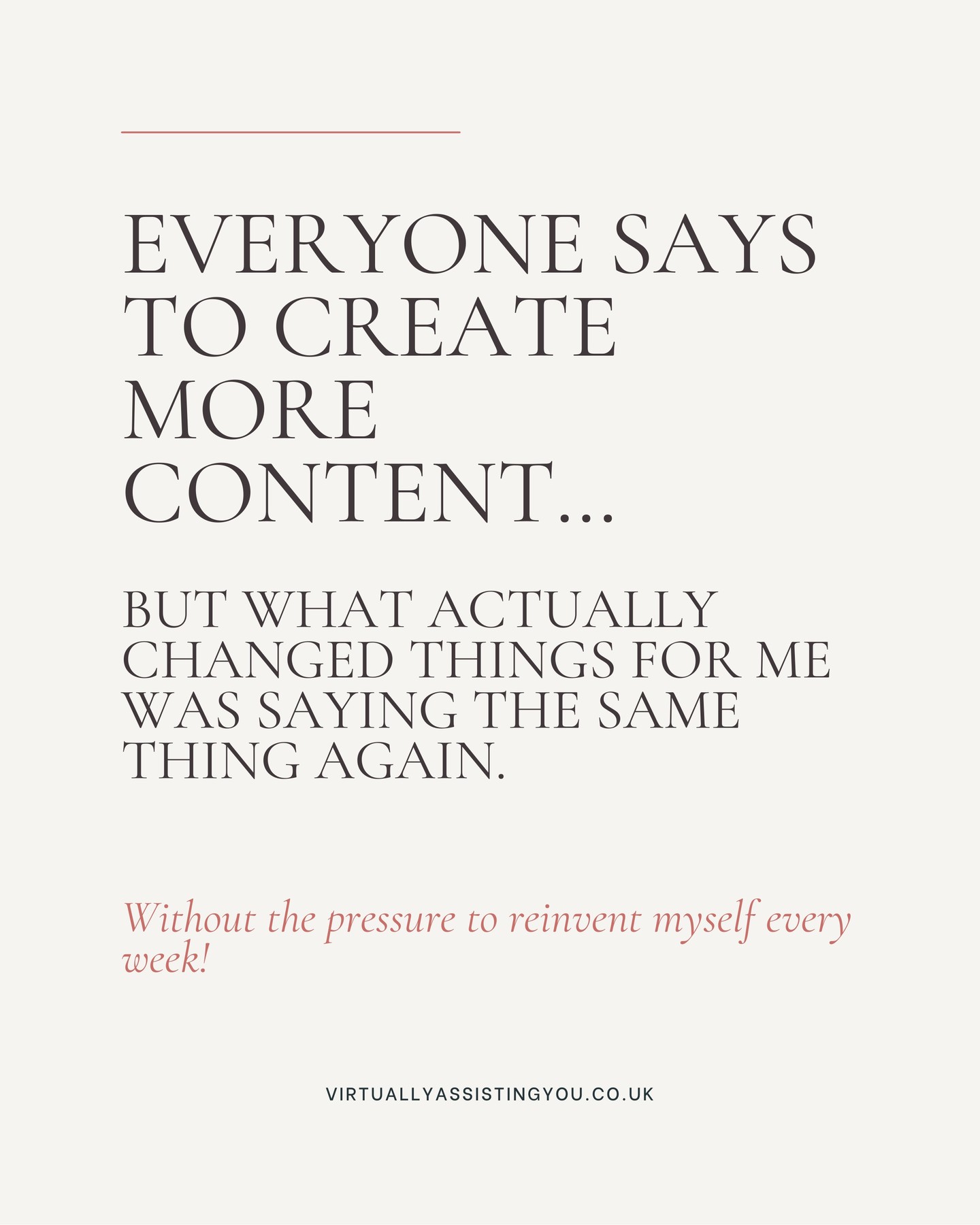 Everyone says to create more content.
More posts.
More ideas.
More effort.
And to be honest, I tried that 🫠
I showed up, pushed myself and told myself I just needed to 'try harder'.
But instead of feeling clearer or more confident, I just felt tired.
Like I was constantly starting from scratch…even though I knew I had valuable things to say.
What actually changed things for me was letting go of the need to be new all the time.
Saying the same message again - in a slightly different way.
Trusting that the right people hadn’t heard it yet.
Allowing repetition to feel supportive, not lazy.
That shift alone took so much pressure off how I show up online 😮💨
If you’re a wellness business owner who knows you have meaningful work to share, but you feel stuck or drained by content, this is exactly why I created the Remix Guide.
💬 Comment REMIX and I’ll send it to you for free.
No trends.
No hustle.
Just a calmer way to stay visible.