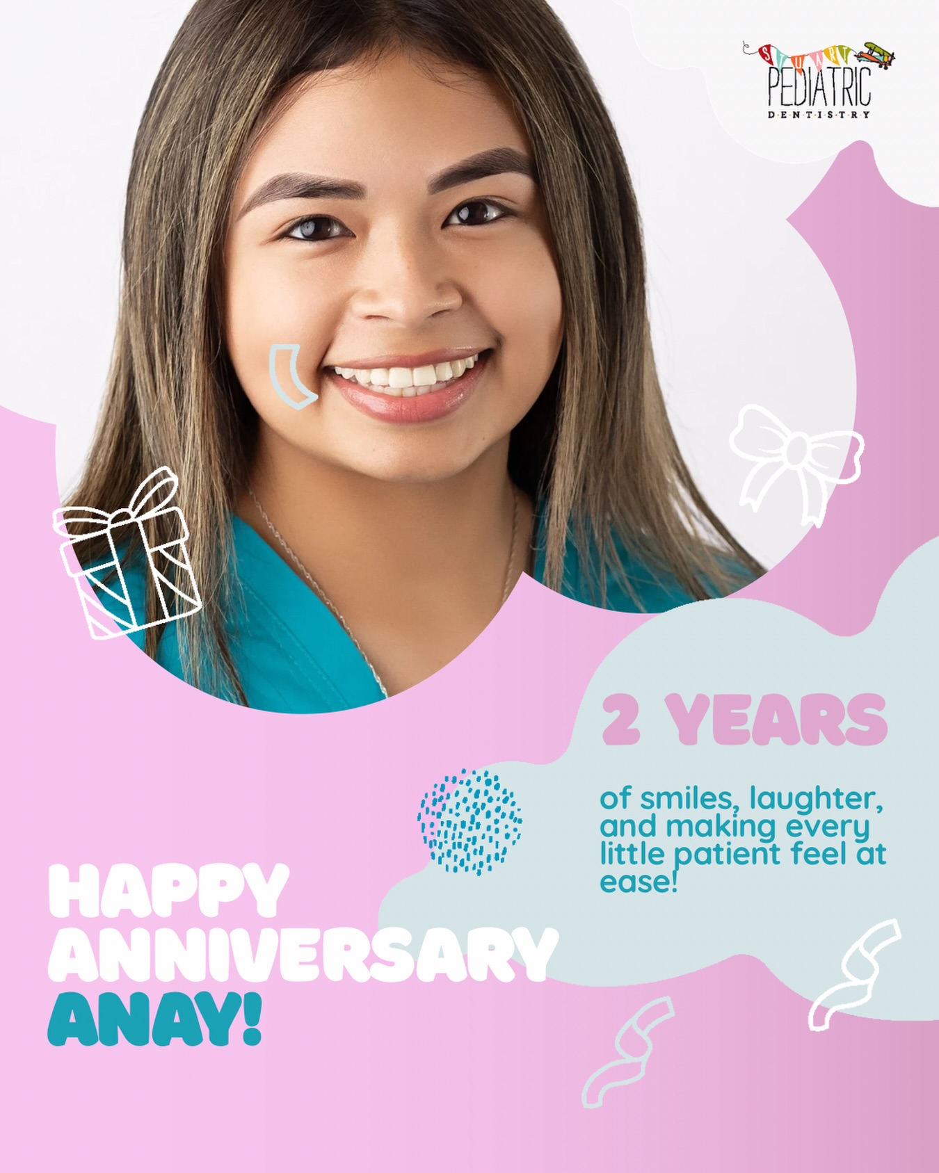 Happy anniversary Anay! Your compassion, hard work, and positive energy truly help make our office a place where kids feel safe and cared for. Thank you for all the smiles you create and for being such a valued member of our pediatric dental family.