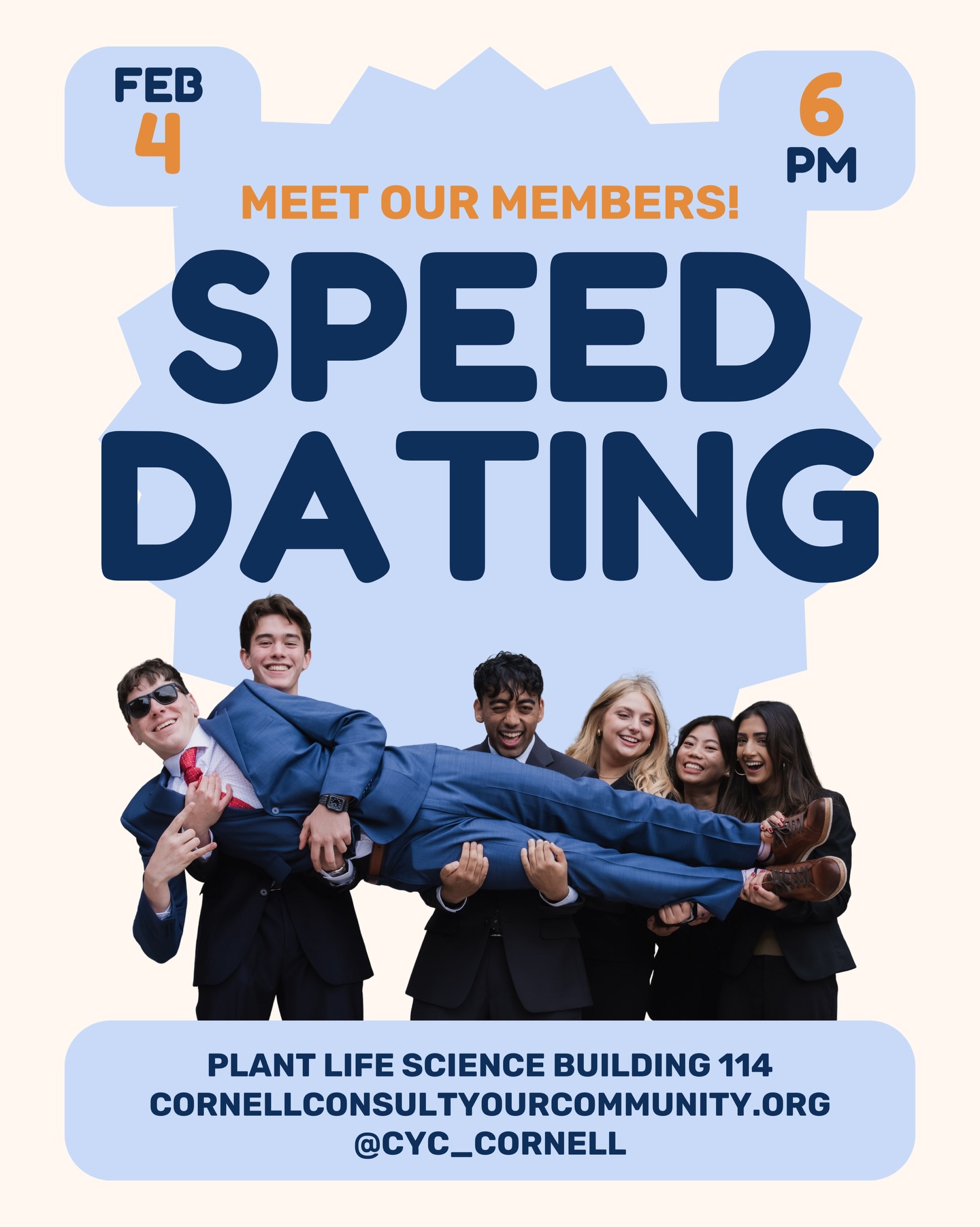 Join us tonight for our final event… speed dating! Come to get to know many of our current CYC members in a more casual setting! Reminder that coffee chats are still open and that applications are due Thursday night!