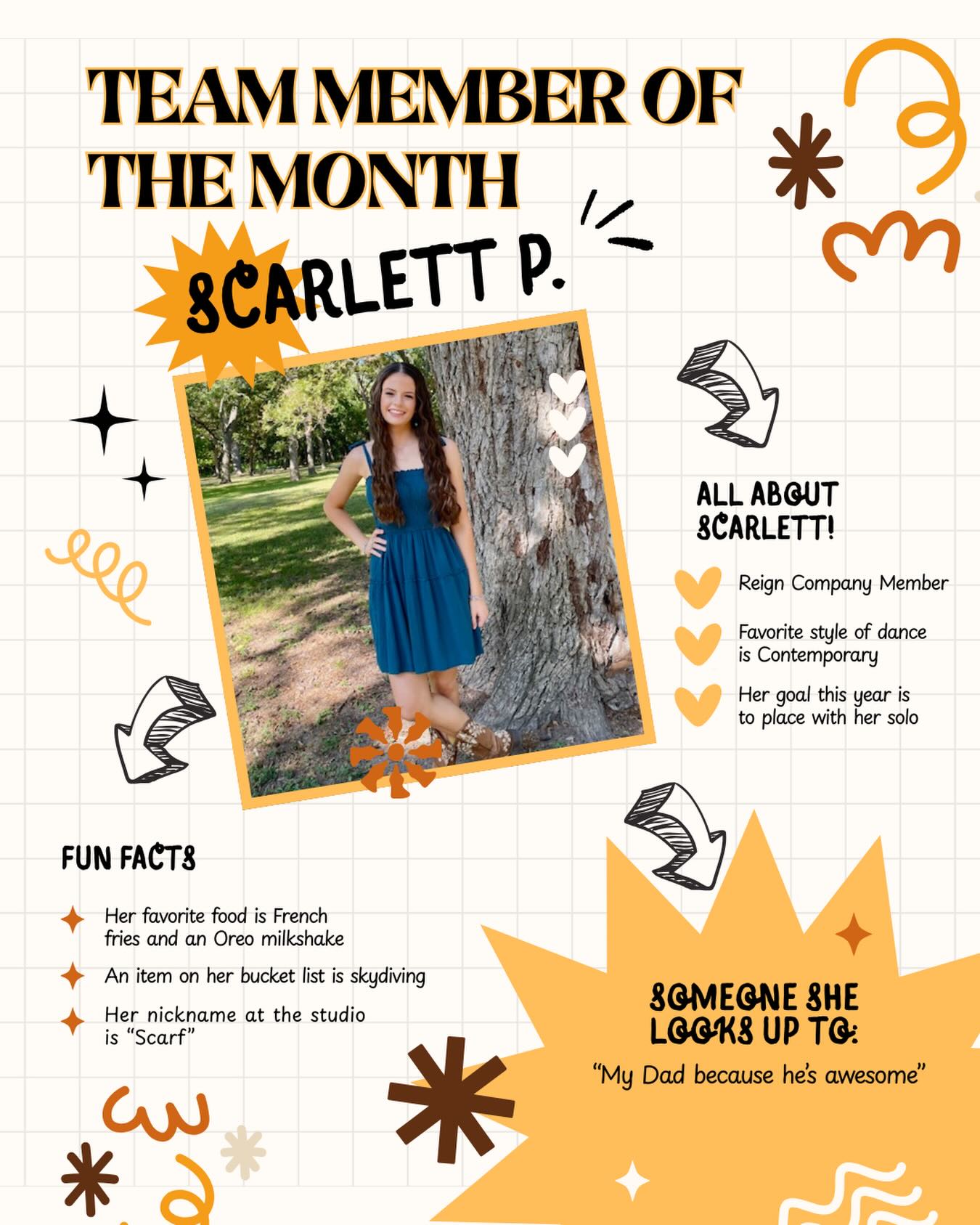 Our Company Member of the Month is🥁🥁🥁
SCARF aka Scarlett!
There is so much to love about this girl! She is consistently one of the hardest workers we know, has elite an elite attendance record, and is a great role model for our younger dancers. We couldn’t be more proud of the young woman she has become! Keep being awesome, Scarf!!💜