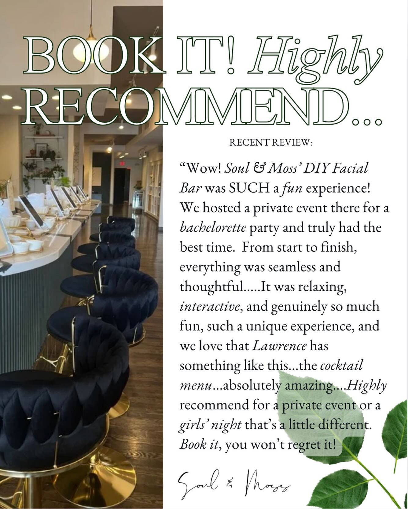 Nothing makes us happier than when YOU have a good time! We are having so much fun with our social facial bar! Check out tidbits from a recent review we received. We would love to host you…don’t miss our Valentine’s facial event on Feb 14. There are a few seats left! Book from the link in our bio. Come have as much fun as this group did! 👆🏼💚🍸
#skincare #girlsnight #valentines #downtownlawrence #lfk