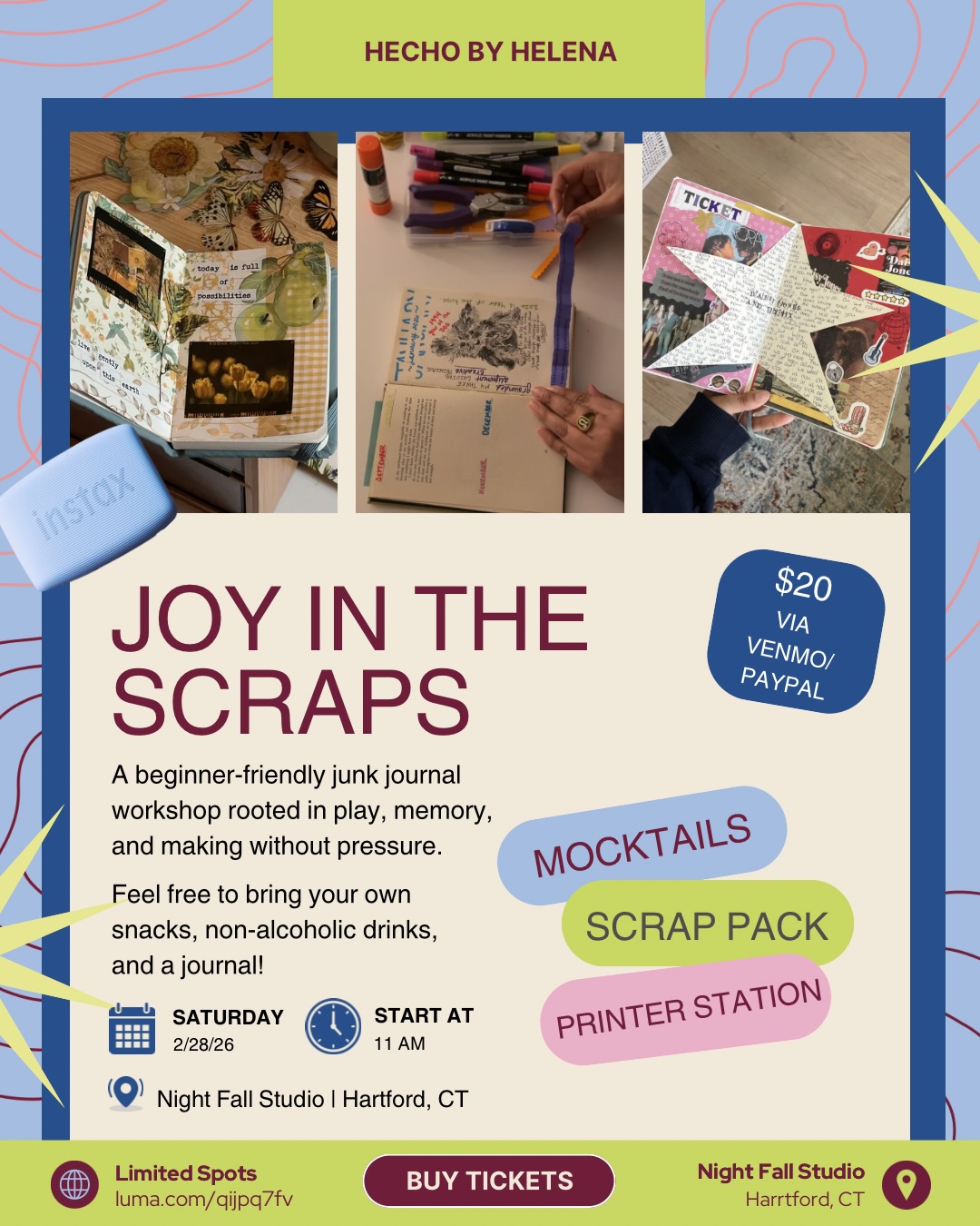 Join us for Joy in the Scraps, a cozy junk journal workshop on 2/28 at Nightfall Studio.
✨ Materials included
✨ Instax photo station
✨ Mocktail + light snacks
✨ Beginner-friendly, perfection-free vibes
A portion of proceeds will support Nightfall Studio’s Polar Bear Plunge Fundraiser ❄️🖤
Spots are limited — grab your seat ASAP:
luma.com/qijpq7fv
#junkjournaljunkies #thingstodoinct #creativegathering #friendshipgoals