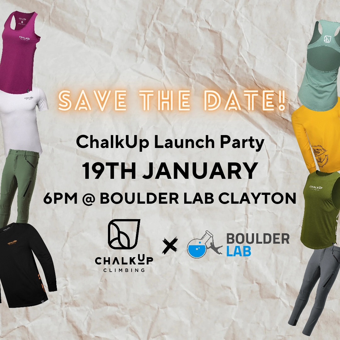 📅 Mark your calendars! Join us for a celebration marking the rebrand of ChalkUp Climbing at Boulder Lab Clayton on Friday, 19th January, at 6pm. 🎉
More information to follow — stay tuned! 🔜
#chalkupclimbing #boulderlab #clayton #climbingapparel #bouldering #melbourne #events #giveaways #partytime
