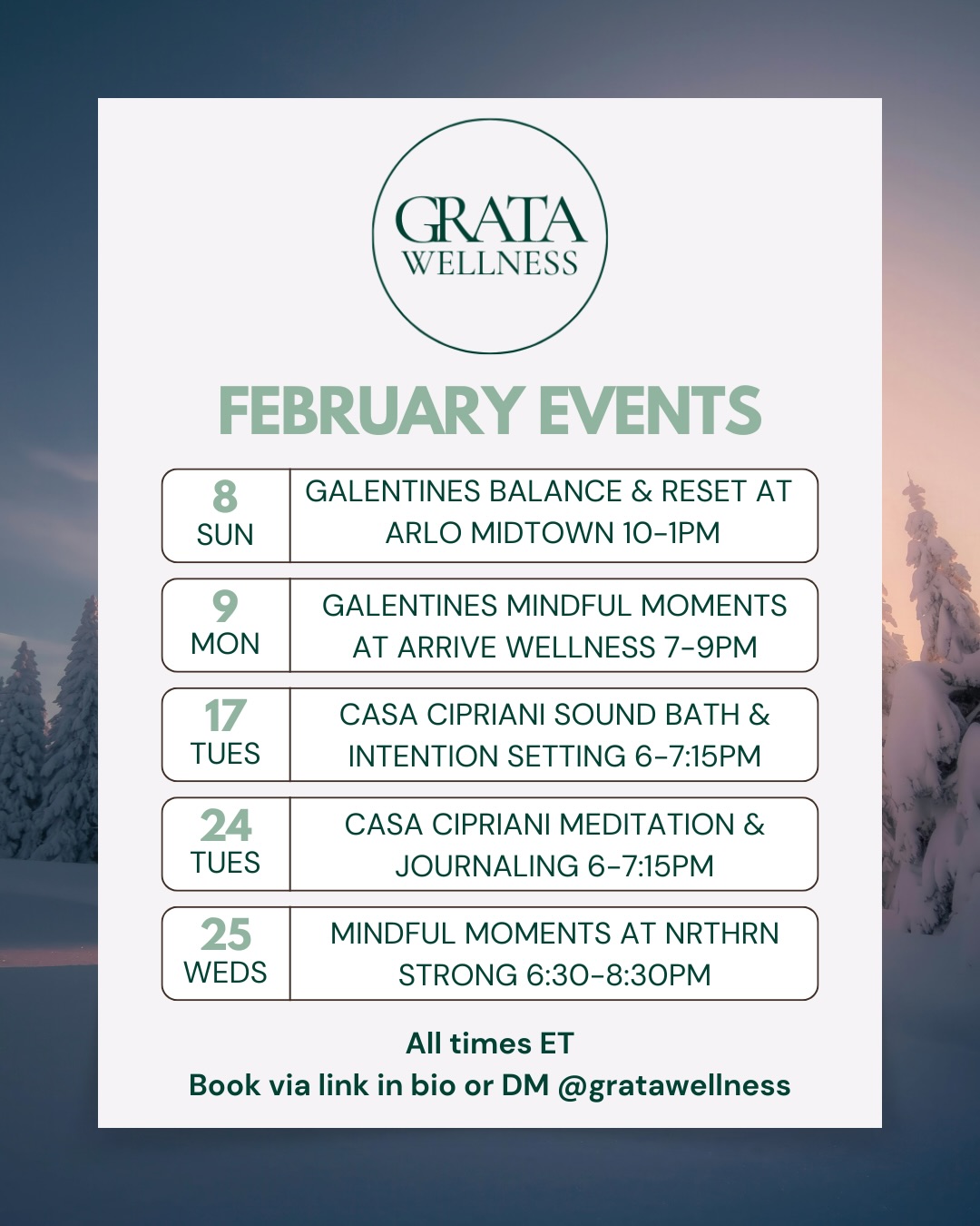Your February mindfulness & wellness lineup is here! Join us for meditations, sound healing, and mindful moments all month long.💗💖💌💘💝💋♥️❣️
#gratawellness #wellnesseventsinnyc #mindfulliving #selfcareinnyc #galentinesevents